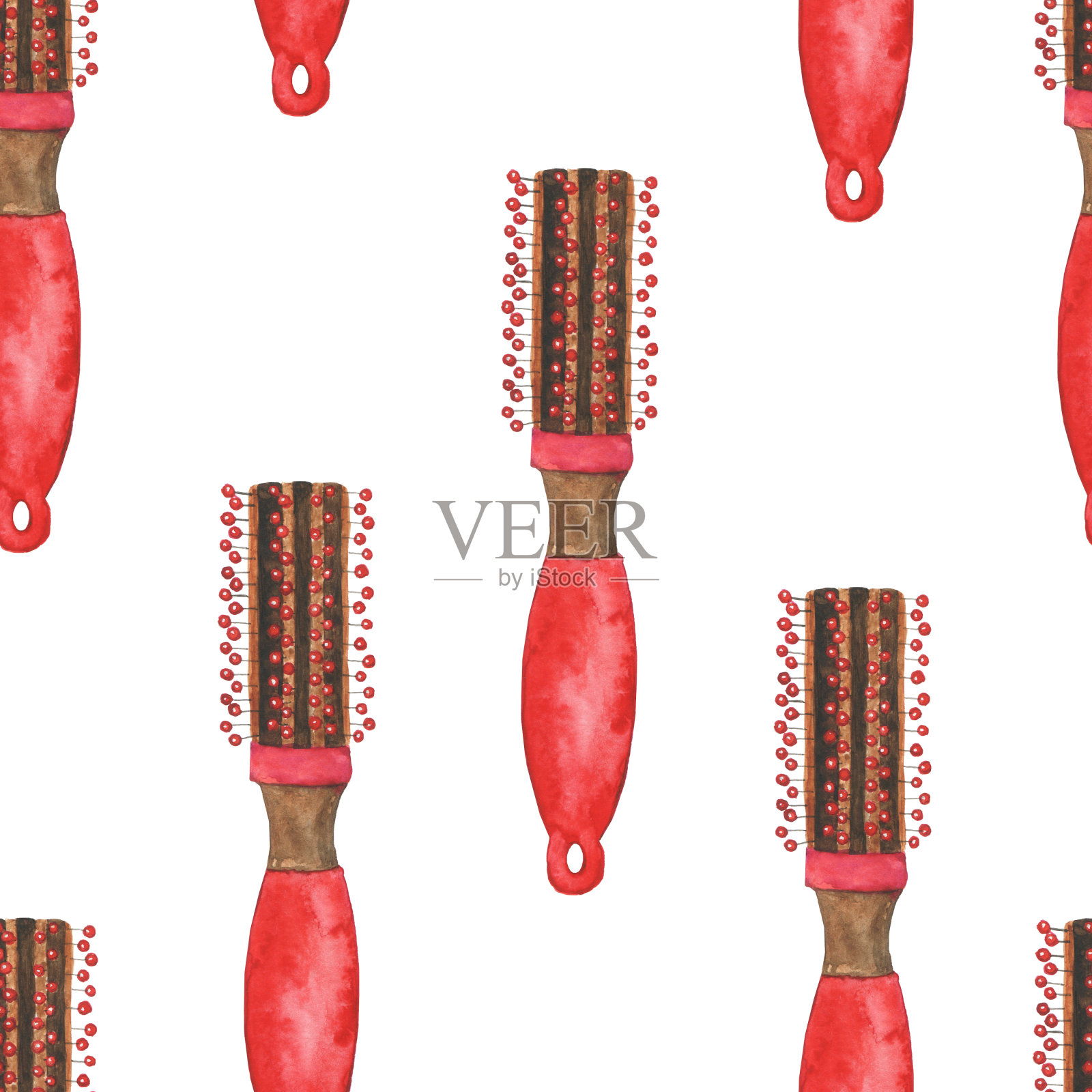 无缝图案的红色毛刷在白色背景。水彩手绘插图。完美的女性印刷，理发设计。插画图片素材