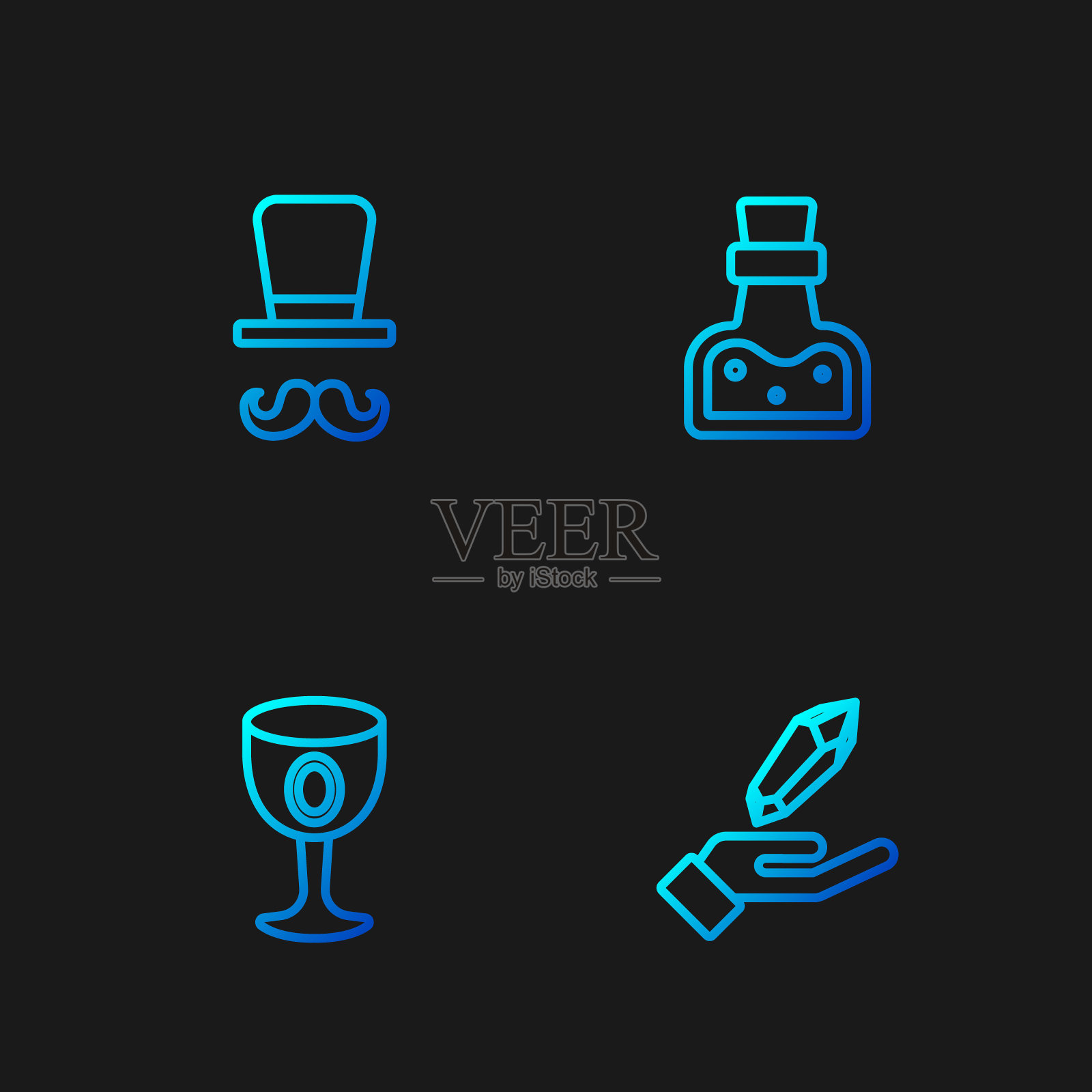 设置线魔法石，中世纪的高脚杯，魔术师和药水瓶子。渐变颜色图标。向量插画图片素材