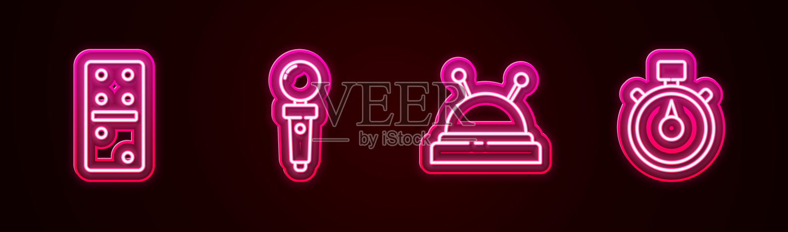 设置多米诺骨牌线，游戏机操纵杆，针床，针和秒表。发光的霓虹灯图标。向量图标素材