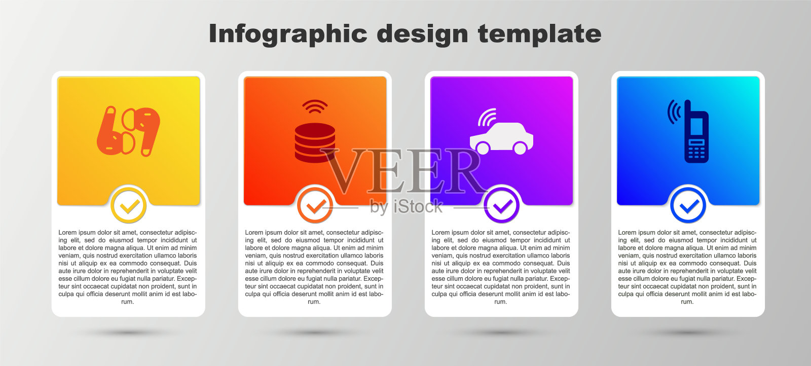 配备空气耳机、智能数据服务器、车载系统和无线移动设备。业务信息模板。向量设计模板素材