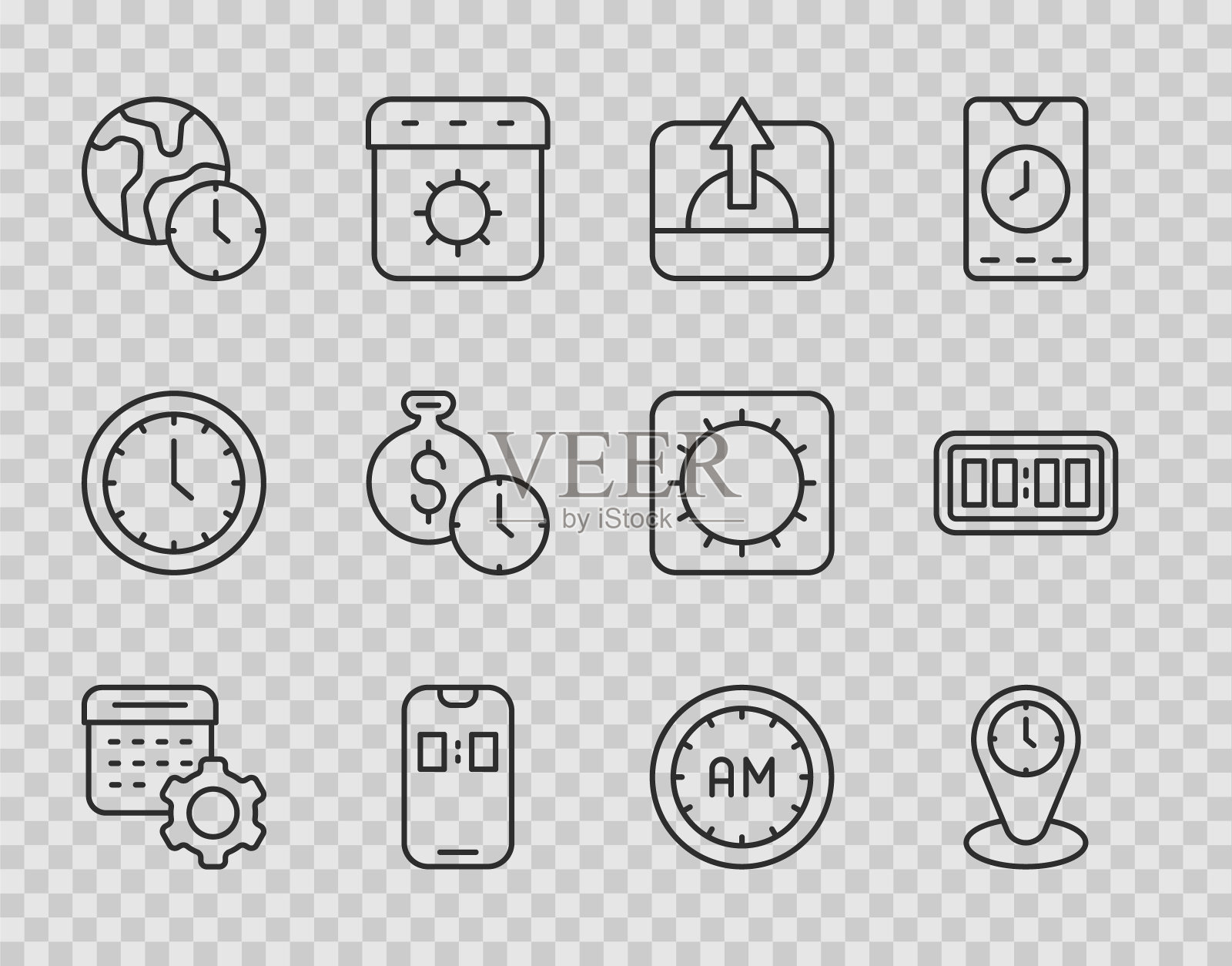 设置行日历设置，时区时钟，日出，手机闹钟应用程序，世界时间，金钱，早晨和数字闹钟图标。向量图标素材