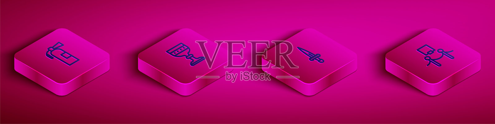 设置等距线灭火器，中世纪高脚杯，匕首和图片和绳索障碍图标。向量插画图片素材