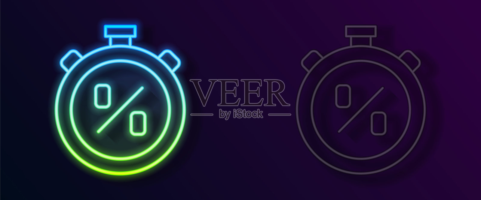 发光霓虹灯行秒表与百分比折扣图标孤立在黑色背景。时间计时器的迹象。向量插画图片素材