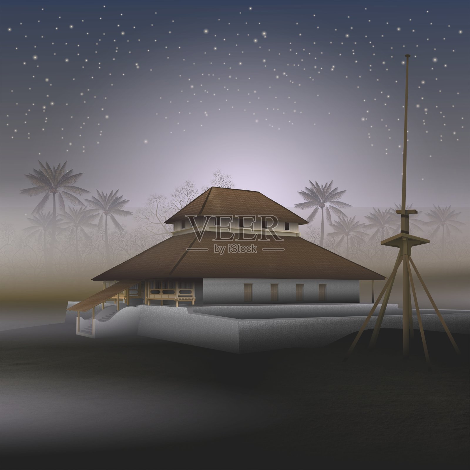 清真寺和布顿苏丹国的旗杆插画图片素材