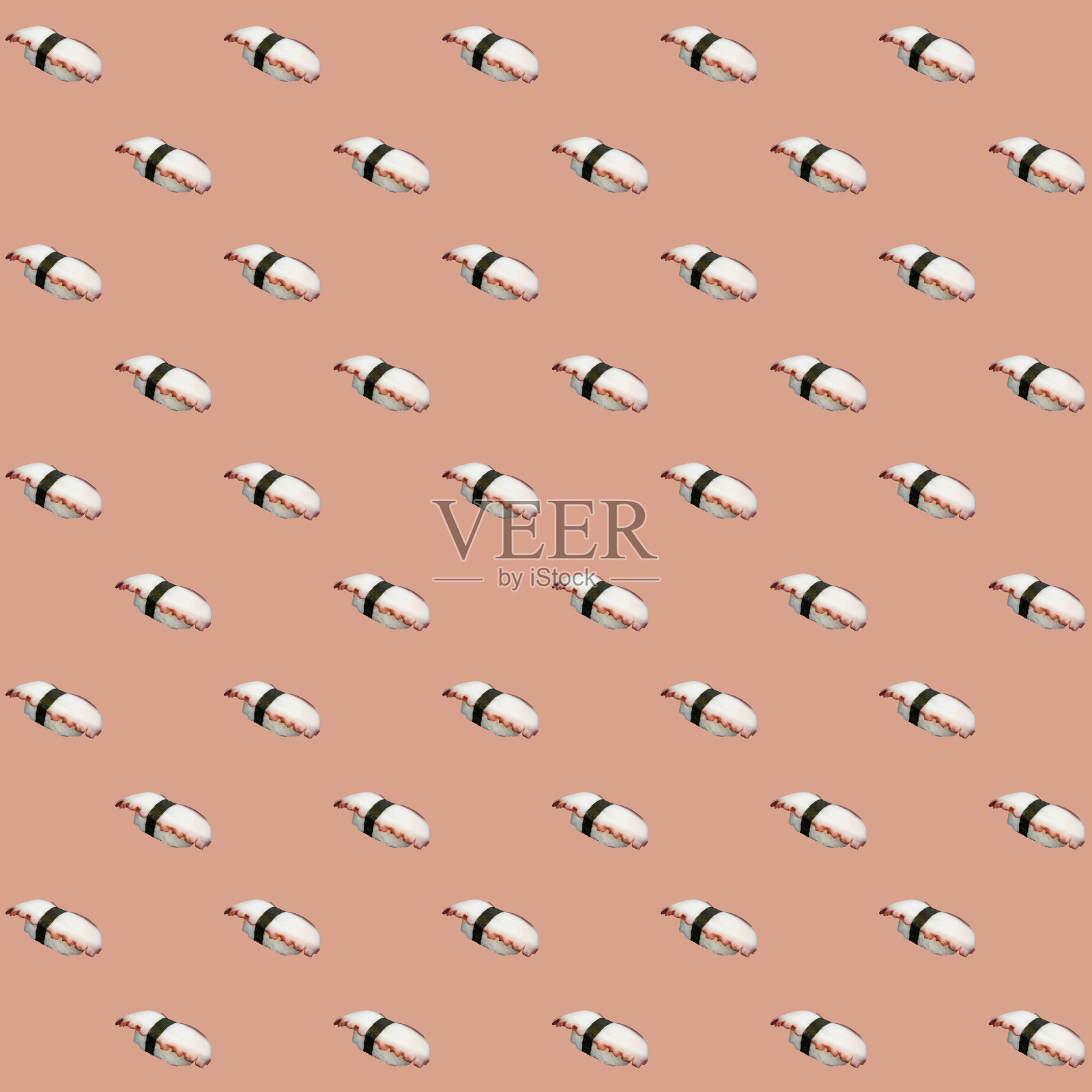 无缝图案的Tako Nigiri寿司或章鱼寿司，孤立在浅橙色的背景。照片摄影图片