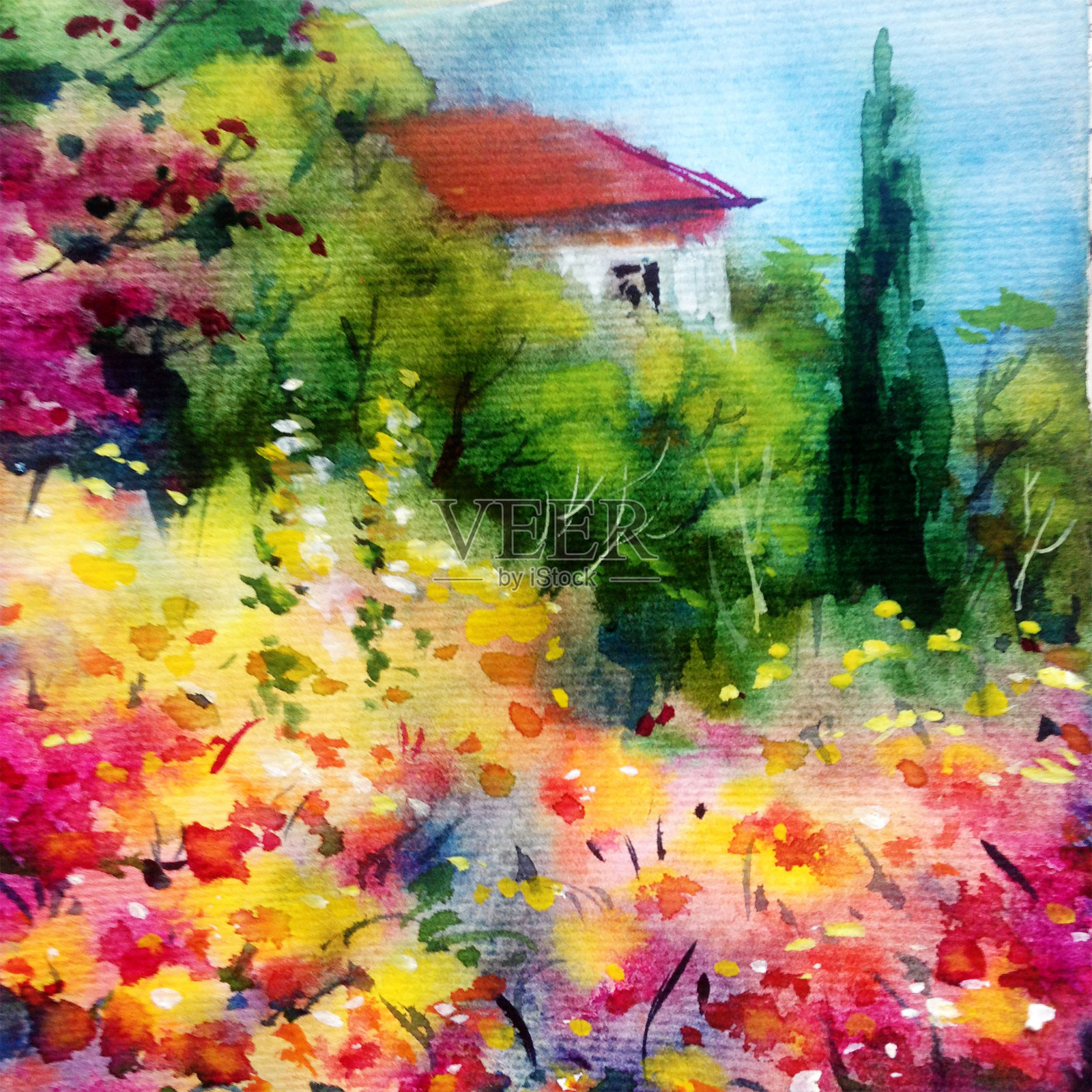 水彩彩色明亮纹理抽象背景手工制作。地中海风景。海岸建筑和植被绘画插画图片素材