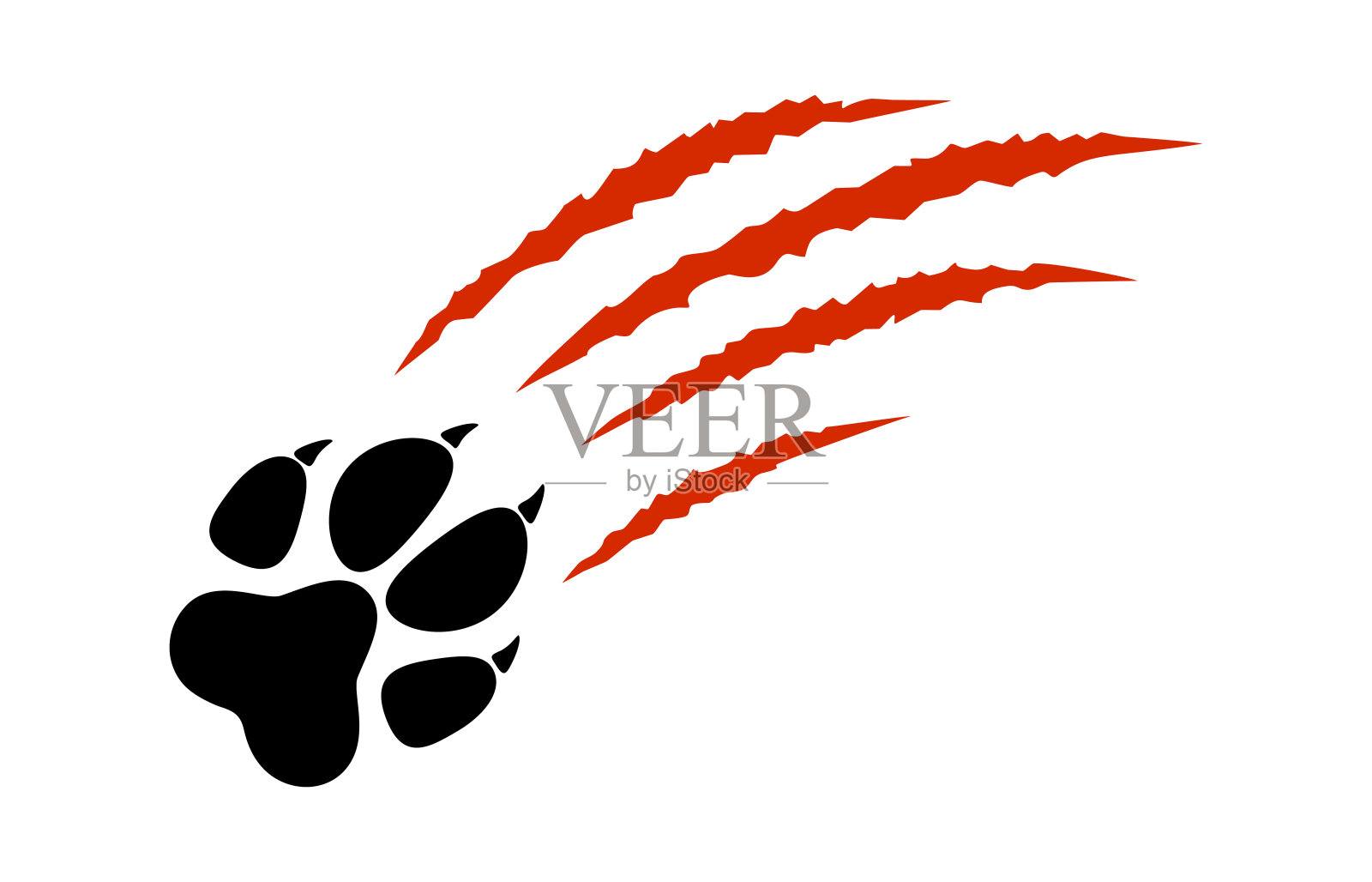 动物爪印剪影与红色爪印，抓痕，爪切猫，老虎，狗，狮子，怪物孤立在白色背景上。矢量平面插图。设计动物印花，横幅，海报插画图片素材