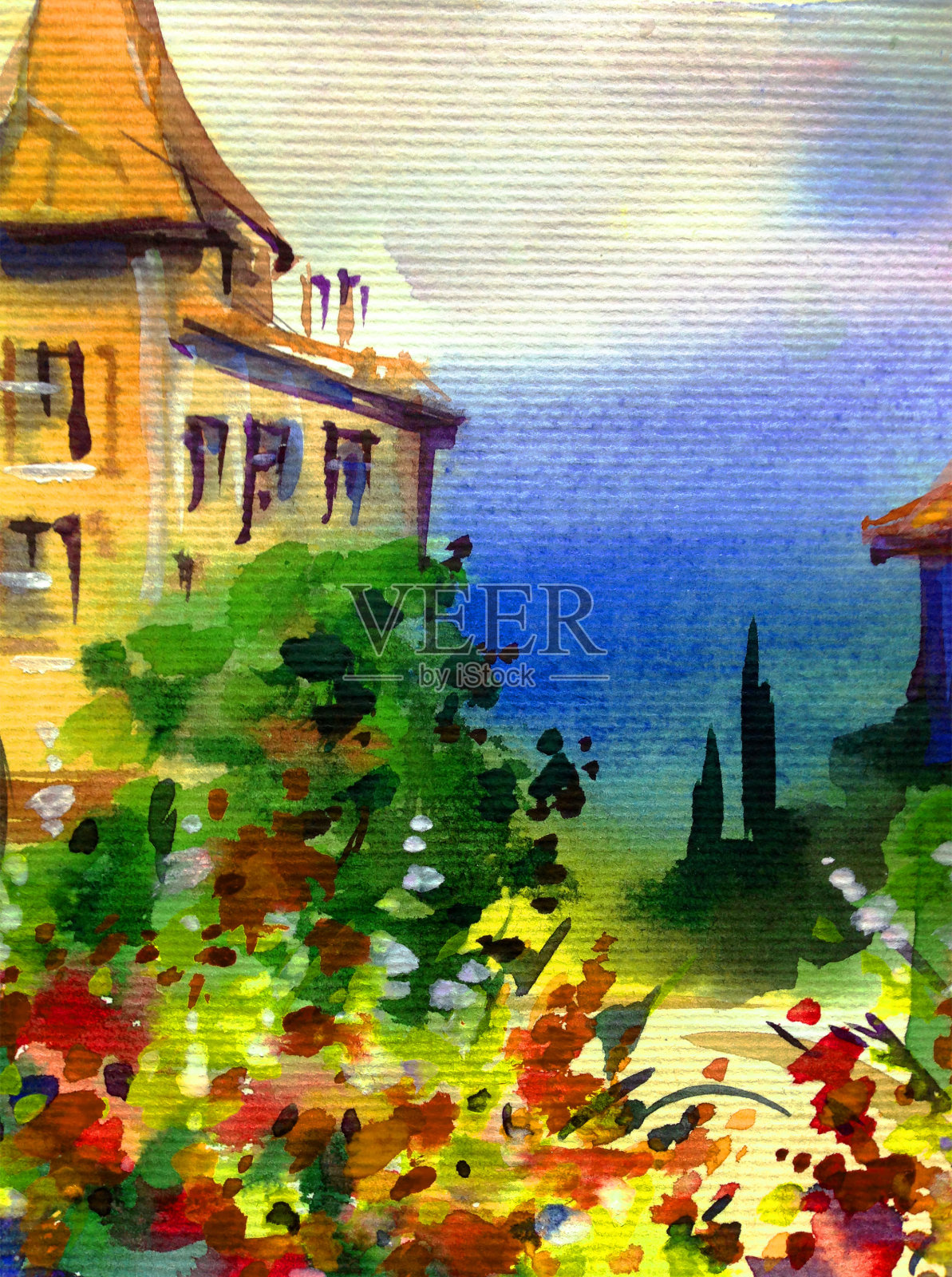 水彩彩色明亮纹理抽象背景手工制作。地中海风景。古城建筑和植被的绘画设计模板素材