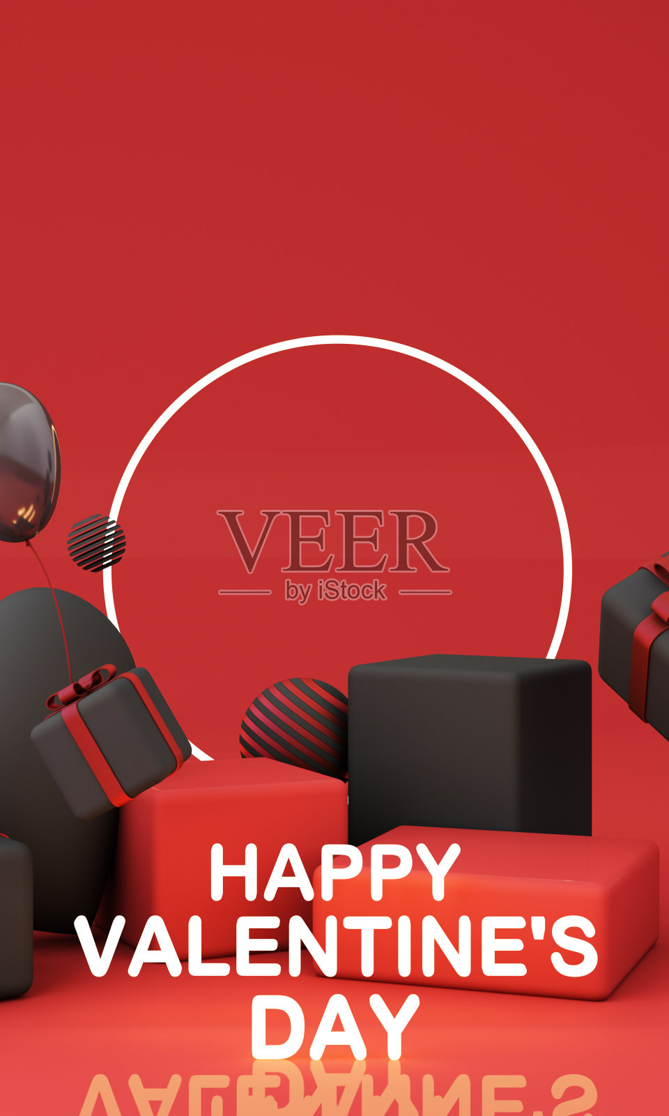 浪漫的创意组合。情人节快乐。逼真的3d节日装饰物，心形气球和爱心，掉落的礼盒，闪闪发光的黄金。节日横幅和海报。三维渲染照片摄影图片