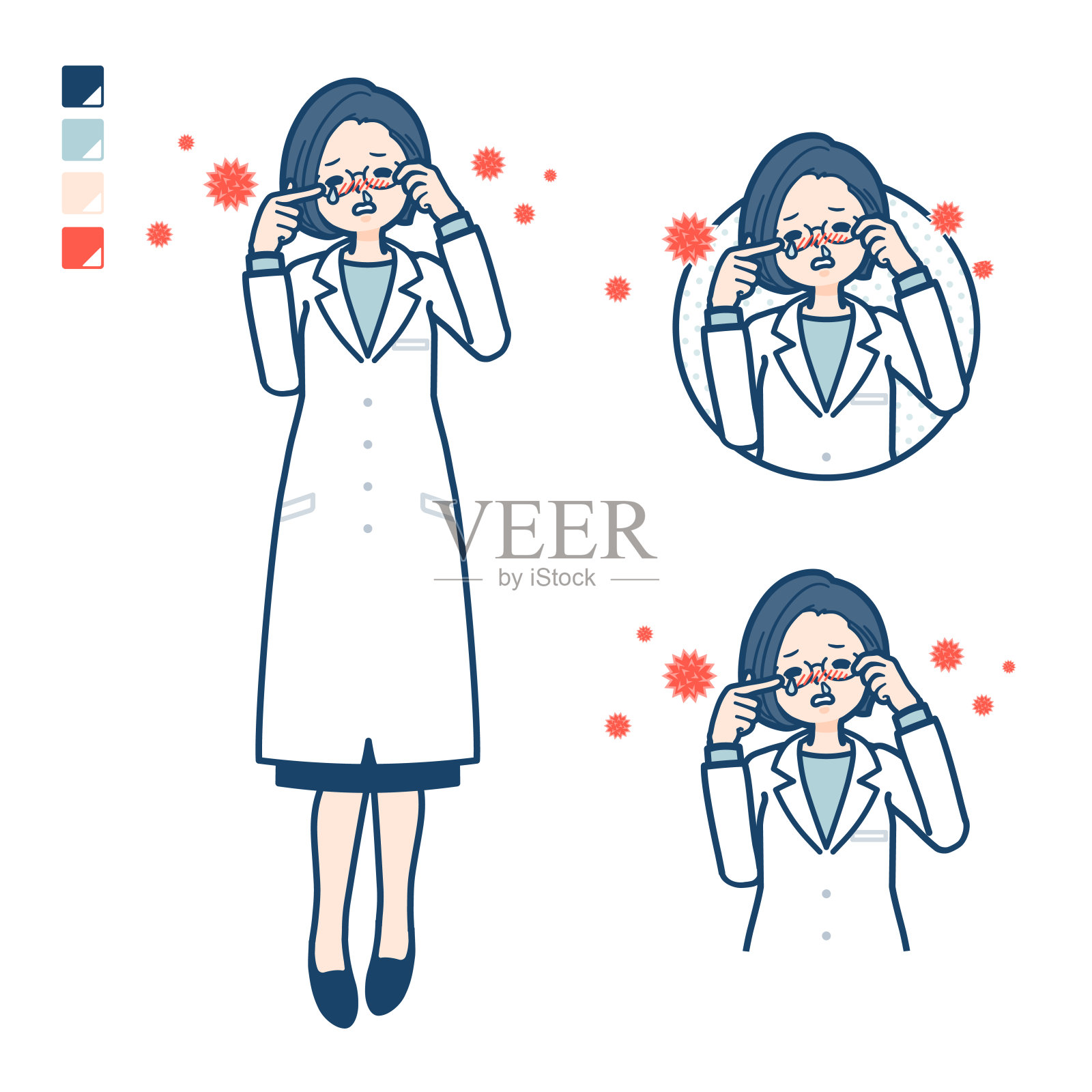 一个穿着白大褂的女医生患有花粉过敏插画图片素材