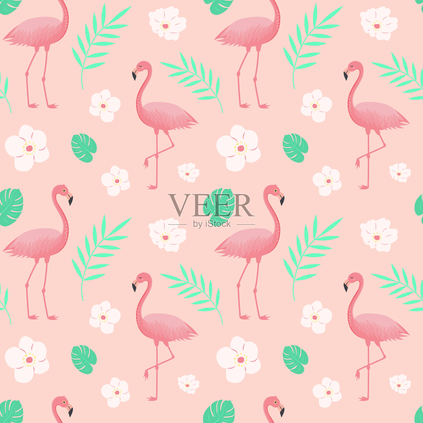 无缝图案与火烈鸟，热带花，怪物的叶子和树枝。插画图片素材