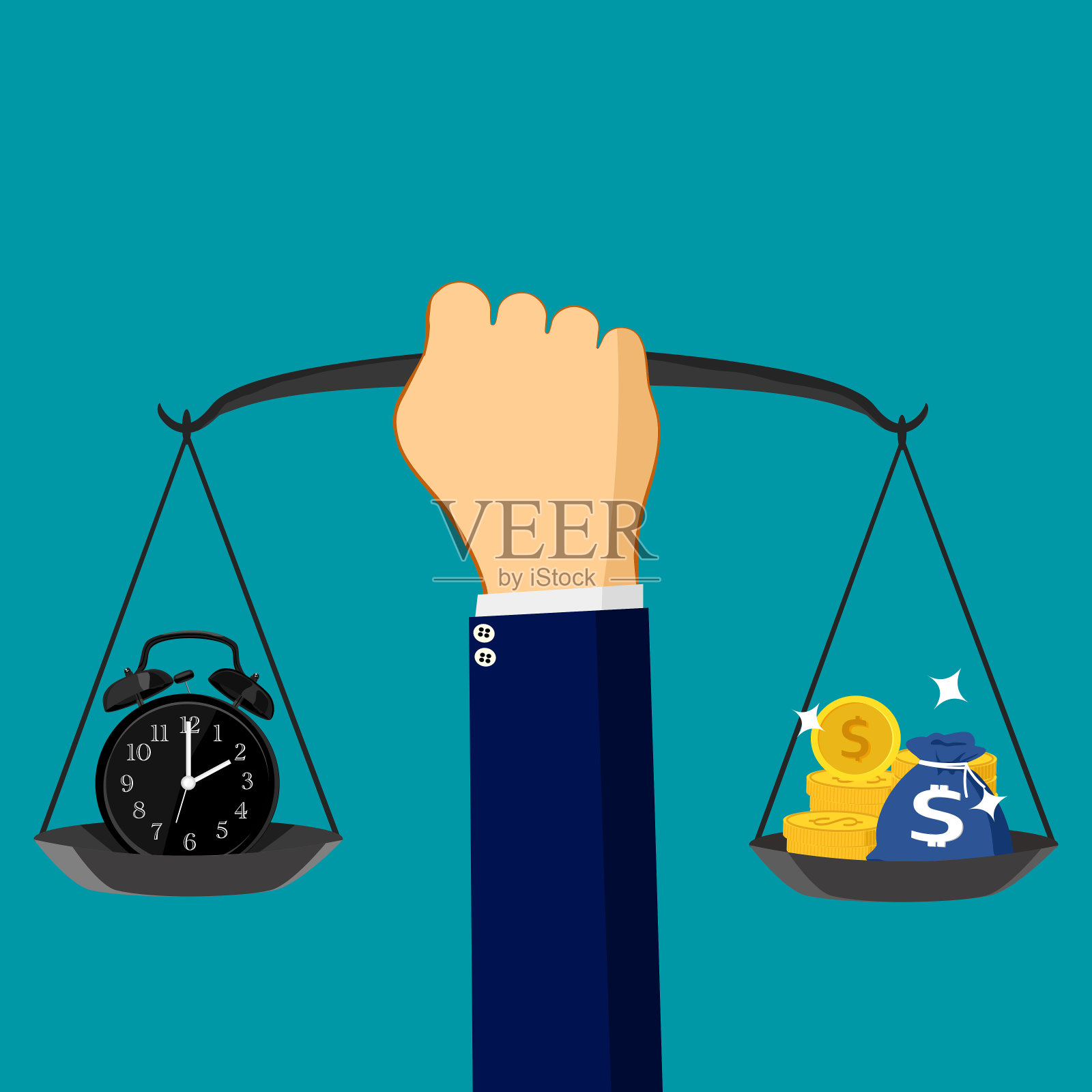 时间和金钱在天平上。时间比金钱更有价值的观念插画图片素材