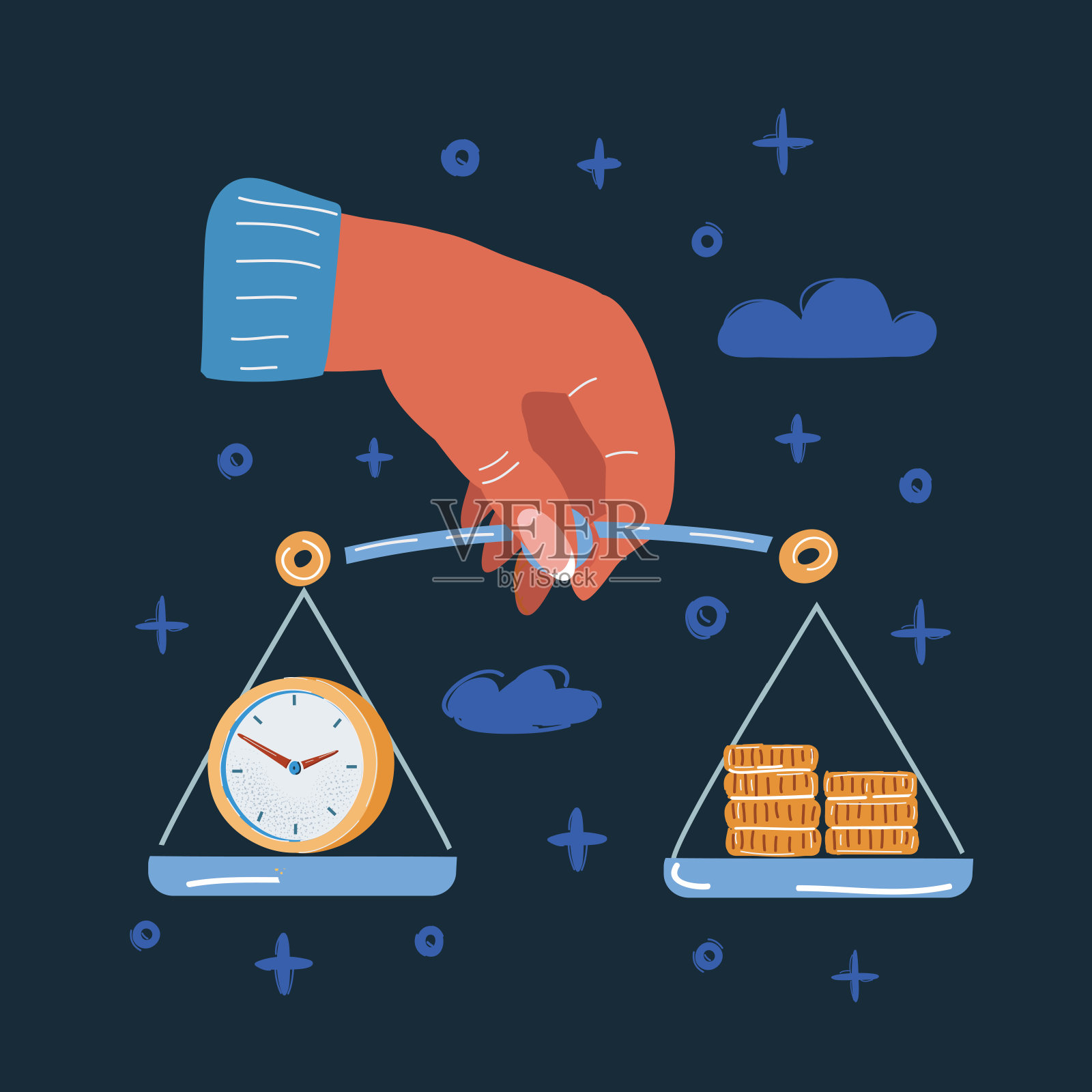 矢量插图的人的手握钱和时间的规模上孤立的黑暗背景。插画图片素材