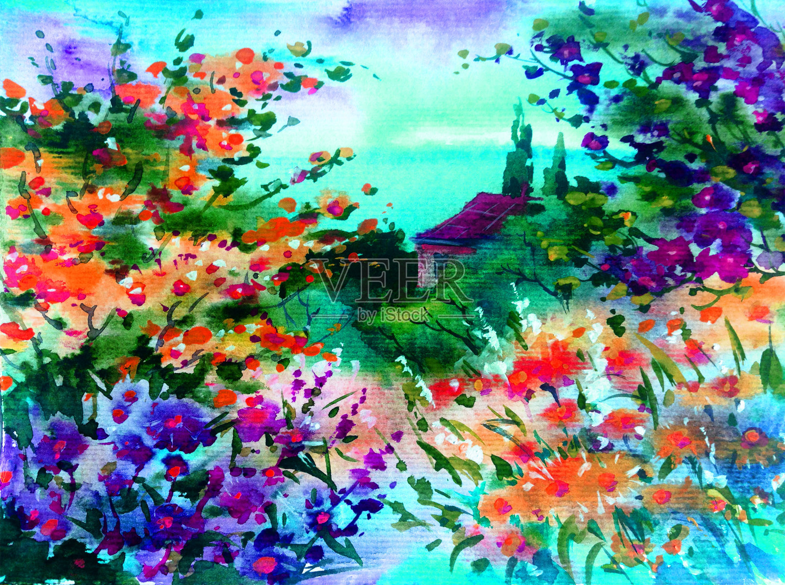 水彩彩色明亮纹理抽象背景手工制作。地中海风景。村庄的建筑和植被的绘画插画图片素材