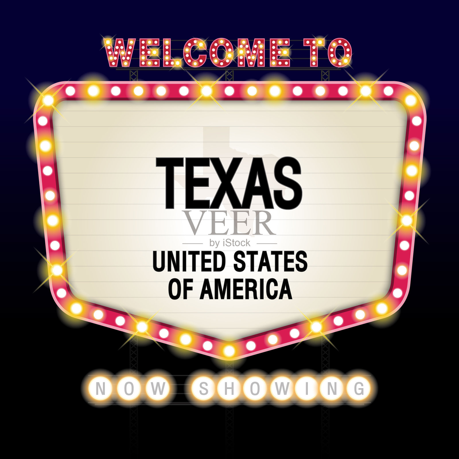 美国的标志与信息，得克萨斯州和地图上的Showtime标志剧院背景矢量艺术图像插图。插画图片素材