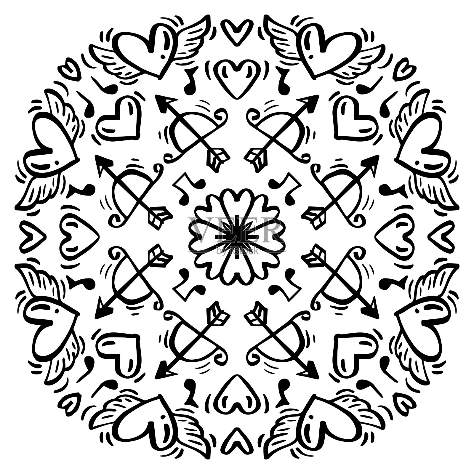 曼荼罗情人节手绘插图。插画图片素材