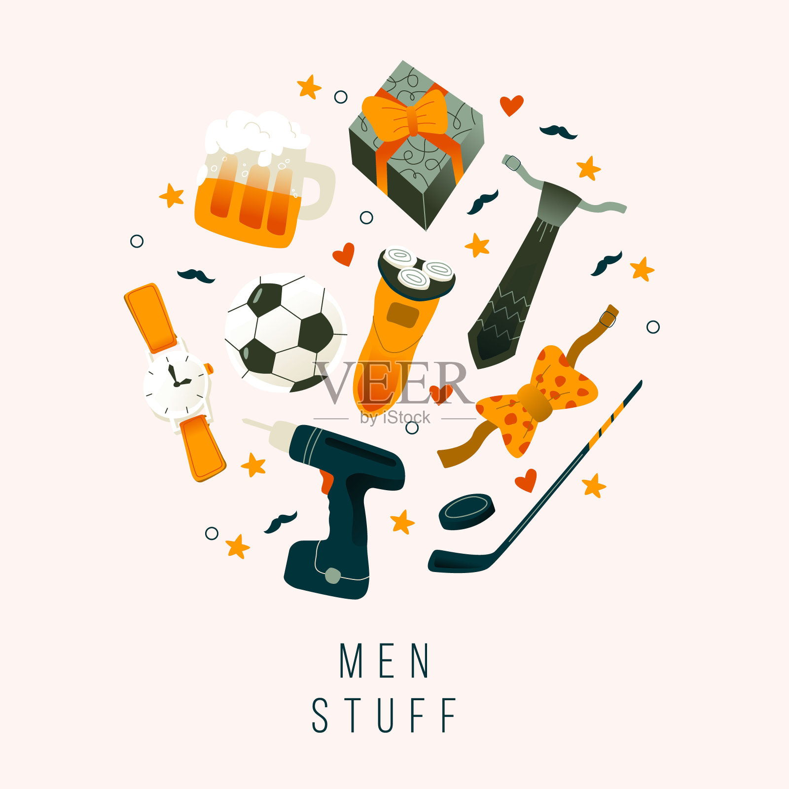 矢量简单插图一套男人的东西:领带，领结，螺丝刀，球，棍子和冰球，啤酒杯，手表，剃须刀，礼物插画图片素材