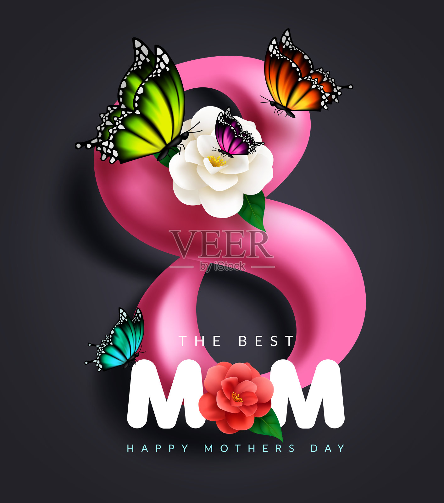 母亲节庆祝矢量设计。最好的妈妈字体字体与3d八妇女节符号在优雅的黑色背景为母亲父母问候装饰卡。插画图片素材