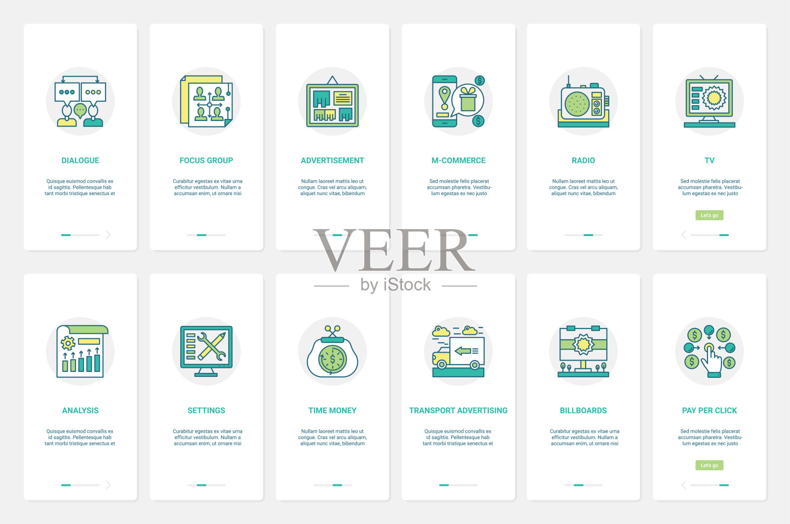 社交媒体广告，mcommerce UX，用户界面在boarding移动应用程序页面屏幕设置设计模板素材