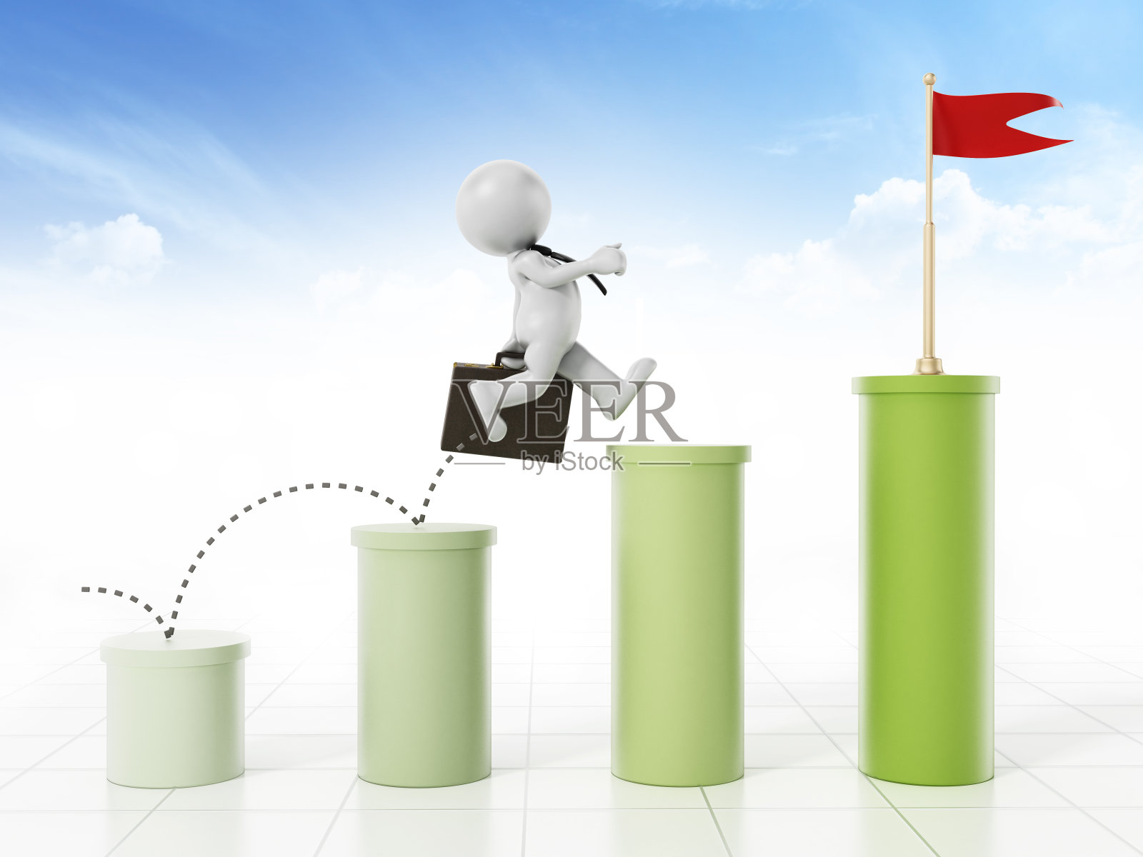 拿着公文包的商人从一根柱子跳到另一根柱子上，像条形图一样上升照片摄影图片