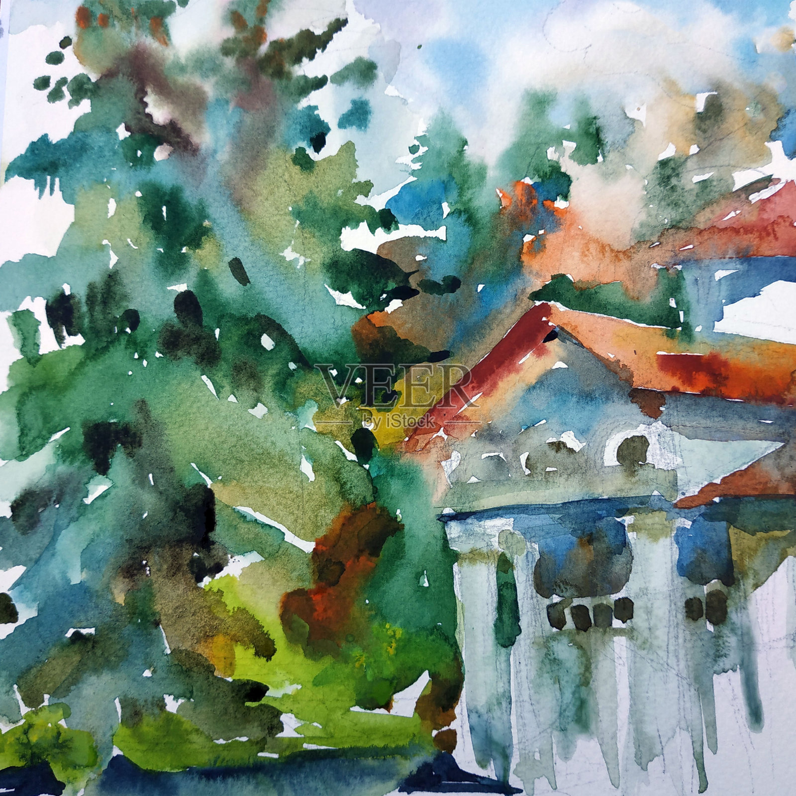 水彩彩色明亮纹理抽象背景手工制作。地中海风景。海岸建筑和植被绘画插画图片素材