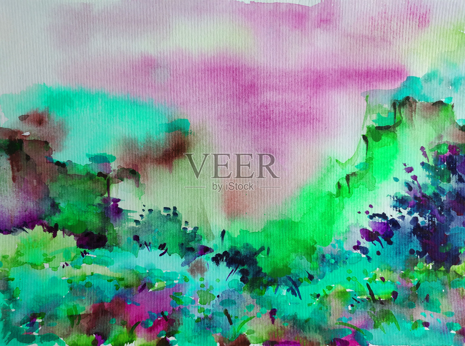 水彩彩色明亮纹理抽象背景手工制作。地中海风景。海岸建筑和植被绘画插画图片素材