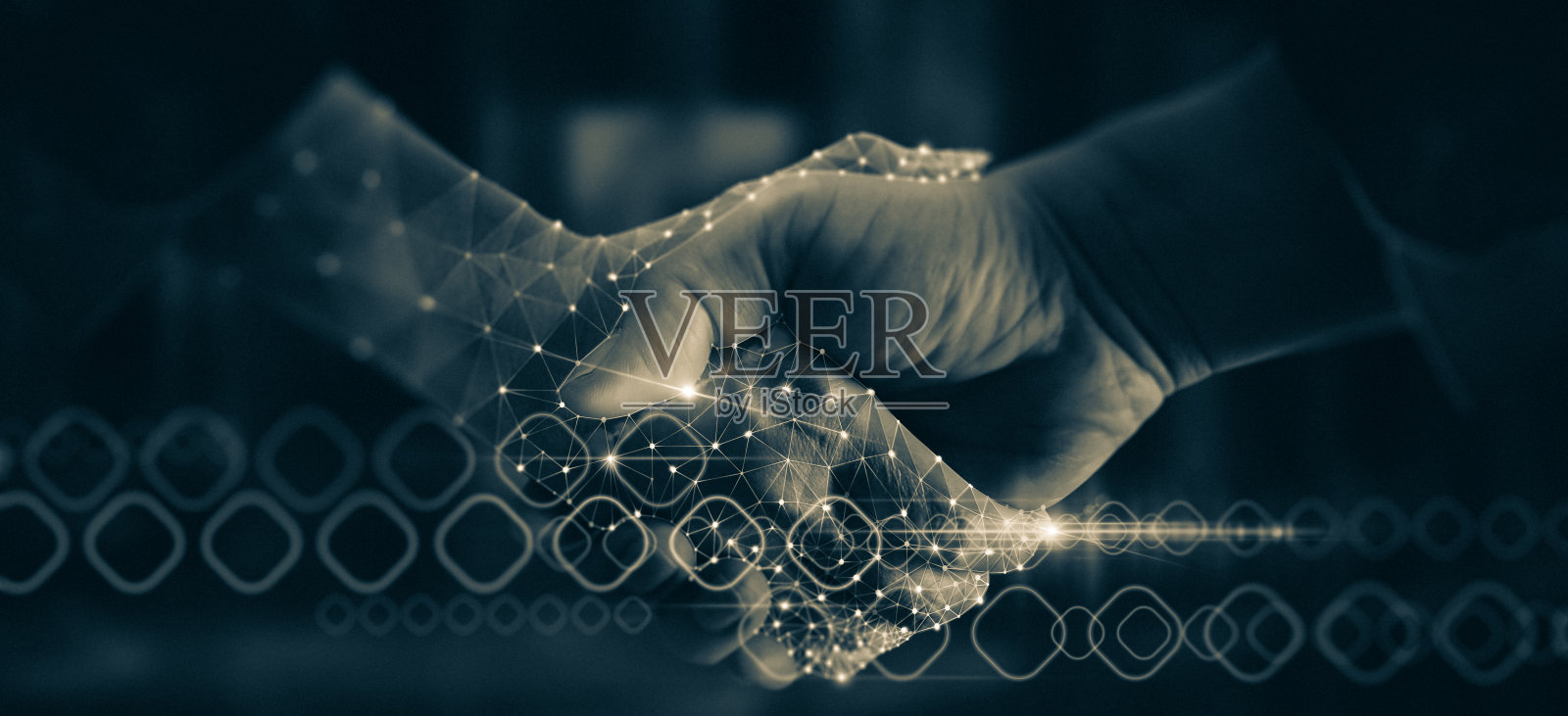 商人与机器人人工智能手全息图握手，确认与应对未来商业和技术创新的商业创新元时空概念。照片摄影图片