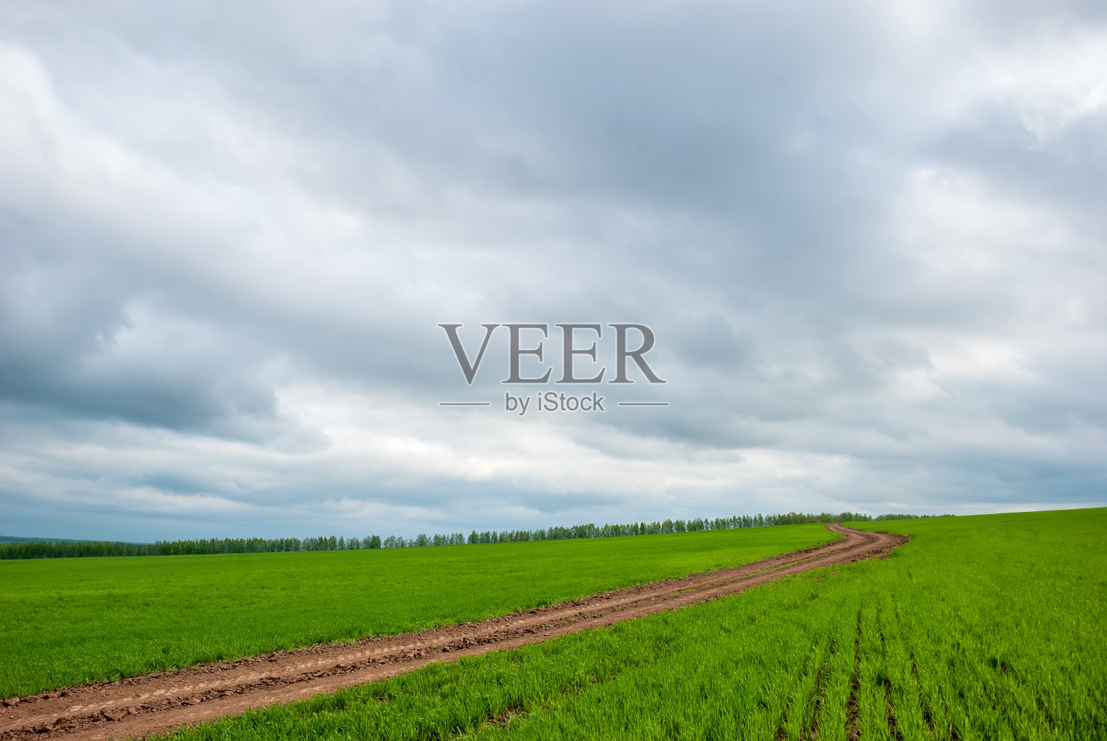 农村土路在农村地区。绿色的田野和阴天。美丽的春天景色。照片摄影图片