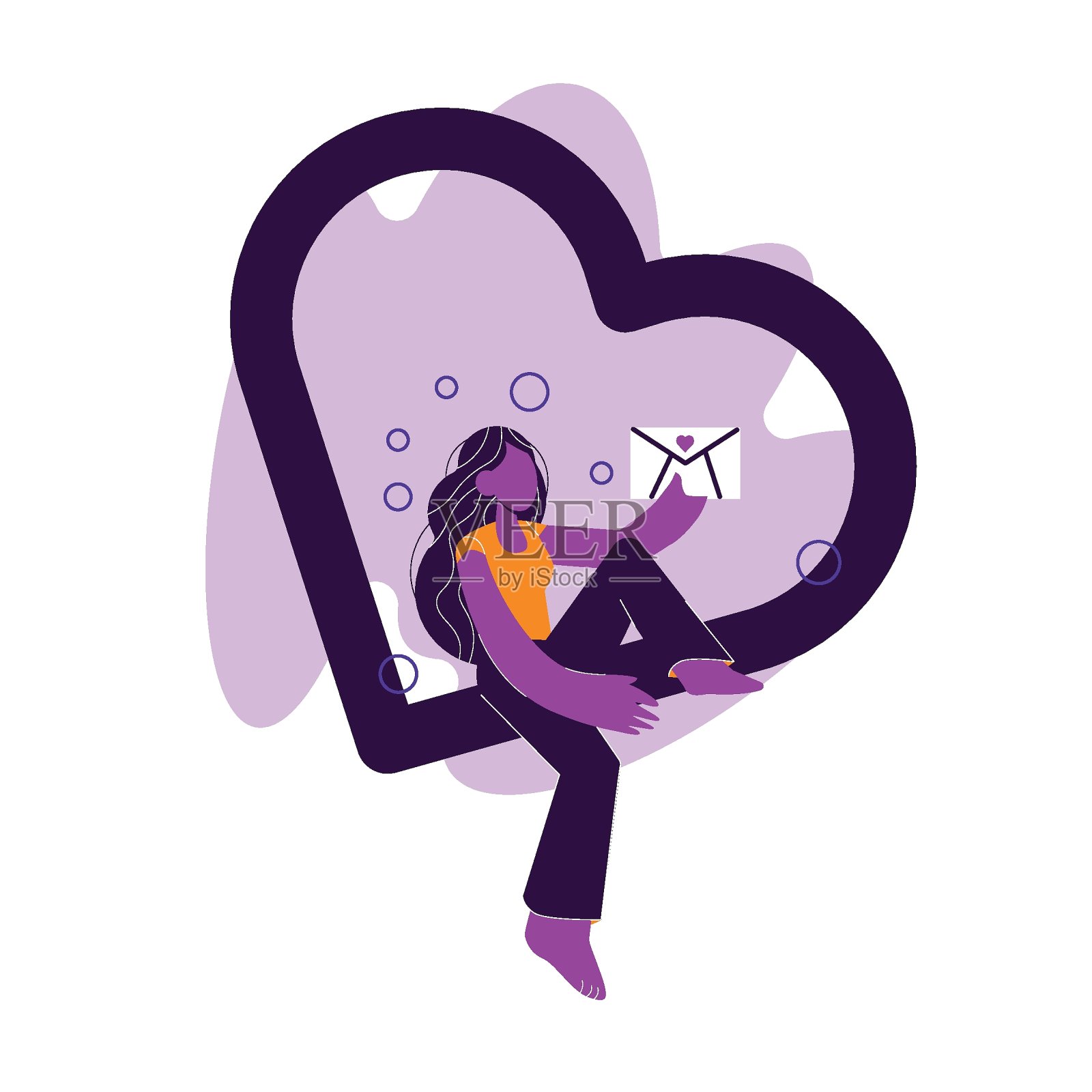 年轻的女主人公坐着一颗心，拿着一封信。长着波浪长发的女孩。女人的爱情观和自动性。平面向量插图。插画图片素材