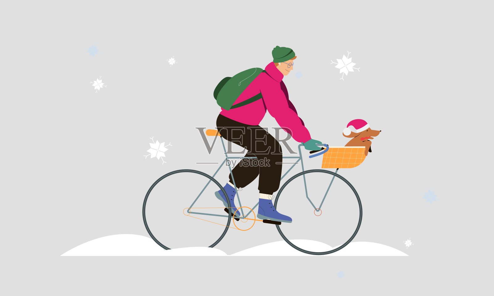 一个年轻人穿着暖和的衣服，在冬天的雪下骑着自行车，还有一只狗作为乘客。平面向量插图插画图片素材