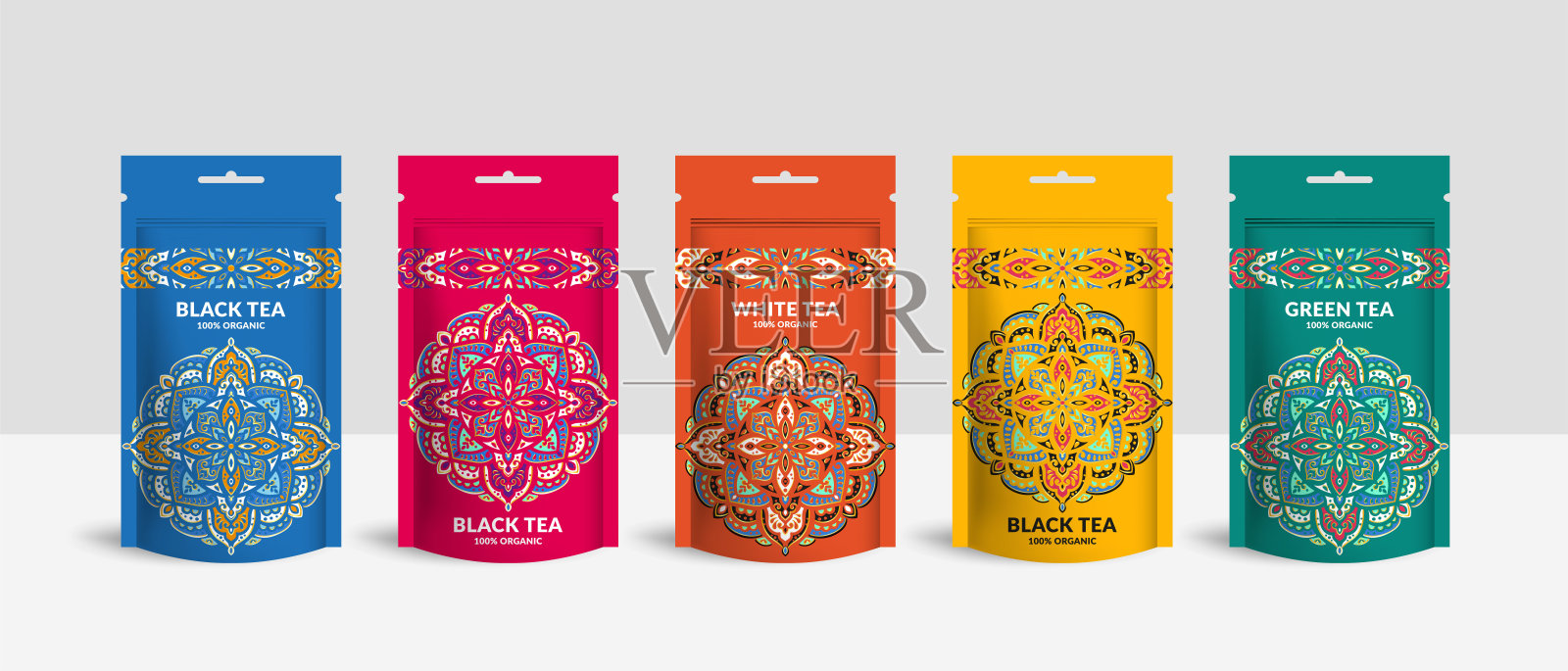 茶叶包装设计与拉链袋袋模型。向量点缀模板。优雅,经典的元素。适合食品、饮料和其他包装类型。可用于背景和壁纸。插画图片素材