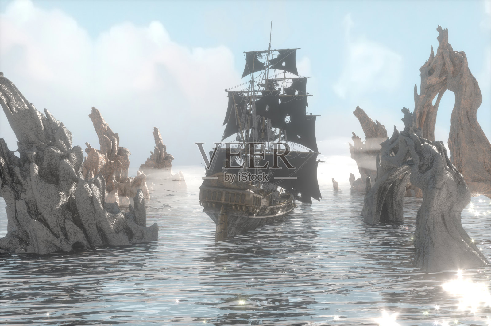 老吓人海盗船在海上渲染3d插图照片摄影图片