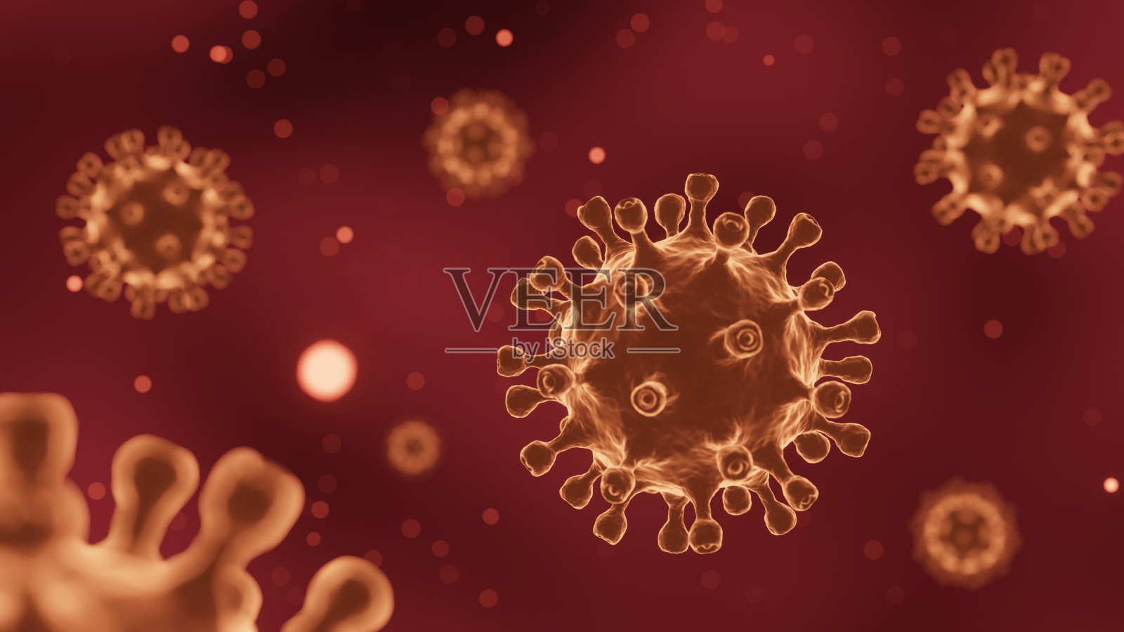 带有刺突糖蛋白的COVID-19冠状病毒漂浮在空中。暗红色底色。3 d渲染。照片摄影图片