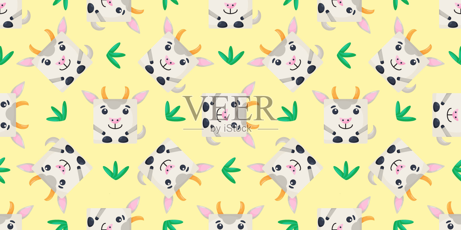 方形山羊无缝图案。矢量背景与山羊的脸。模板用于包装，婴儿纺织品。矢量图插画图片素材