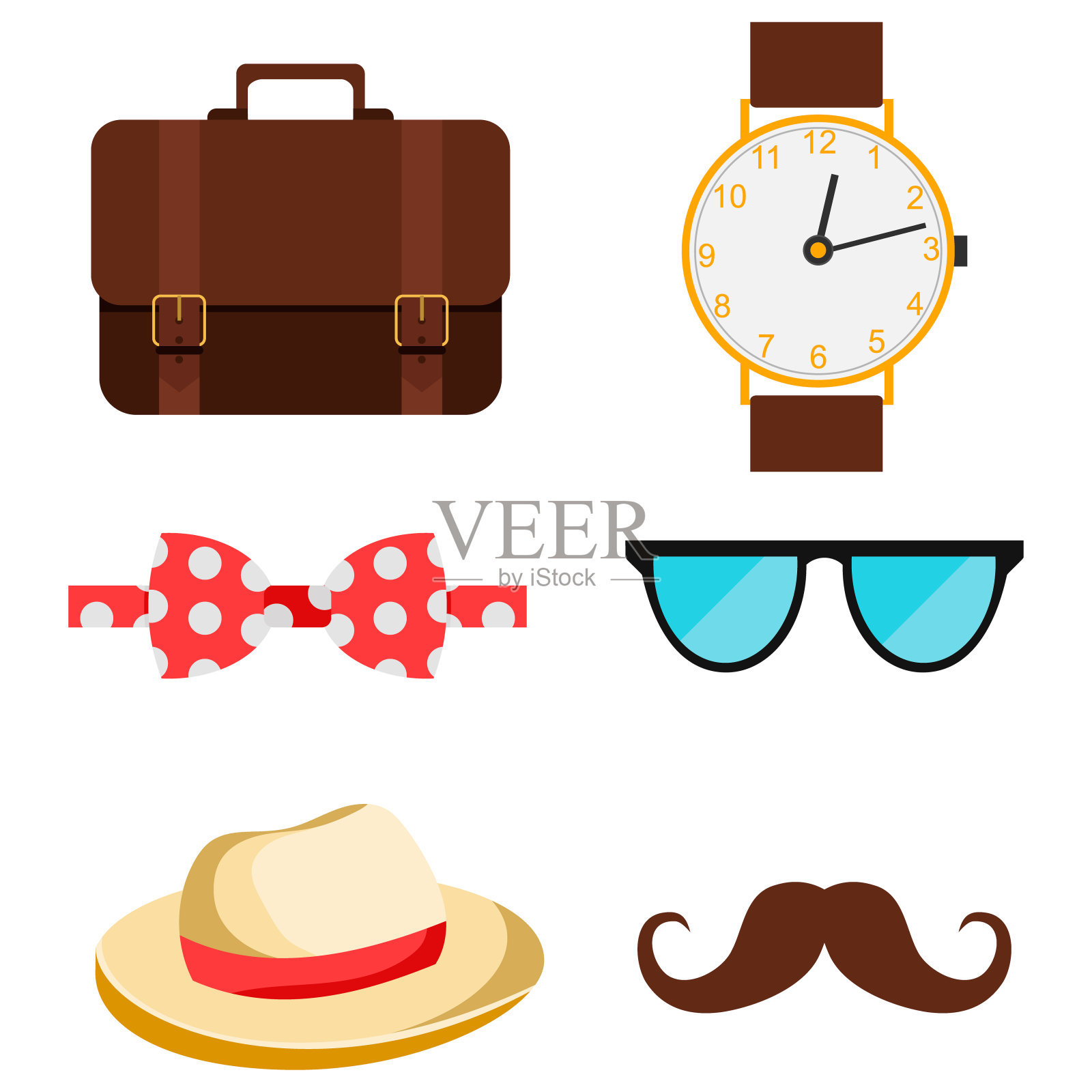男士套装，商务公文包。腕表、领结、复古眼镜、旧帽子和胡子。向量,卡通插图。插画图片素材