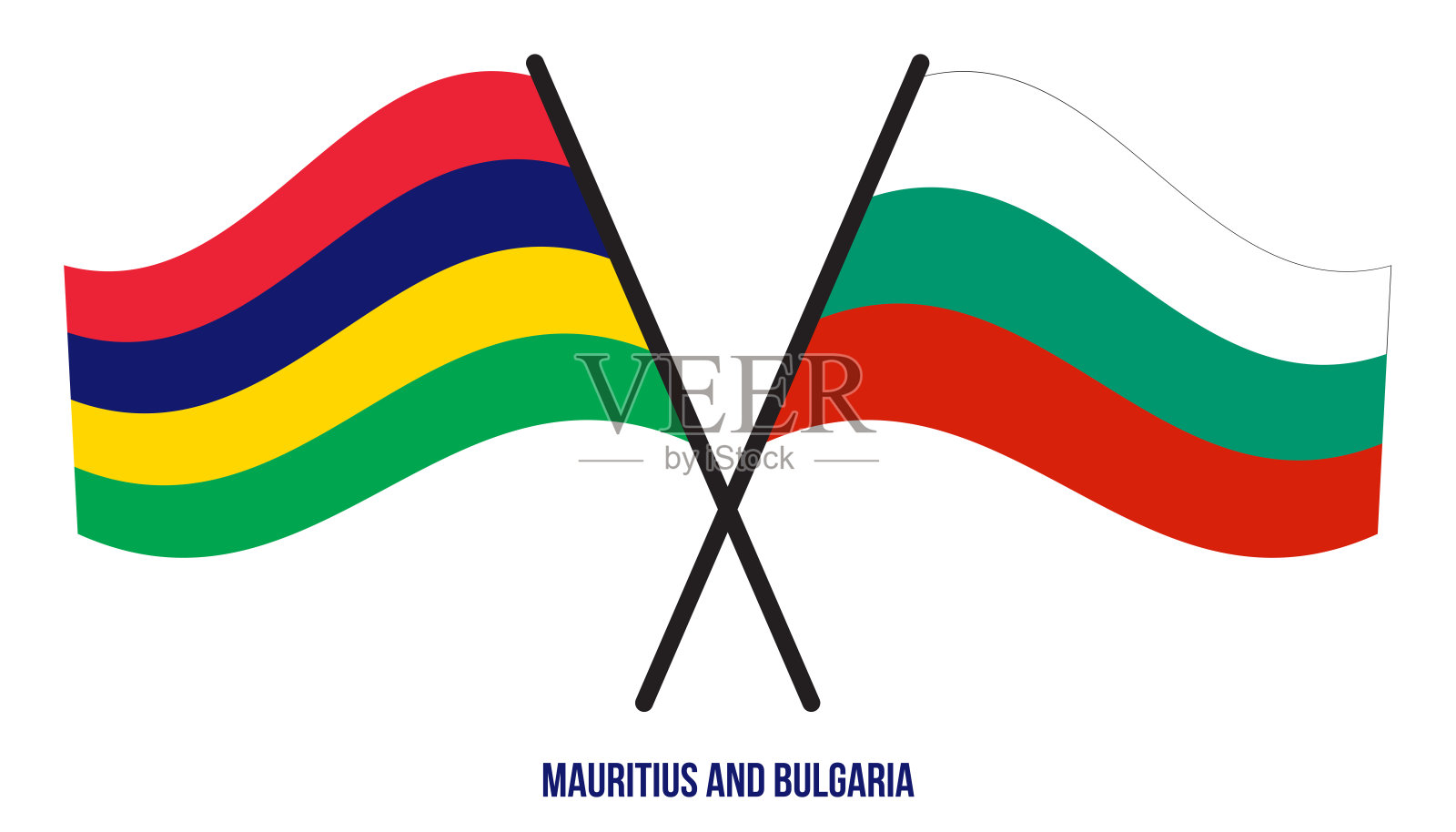 毛里求斯和保加利亚旗帜交叉和平飘风格。官方的比例。正确的颜色。设计元素图片