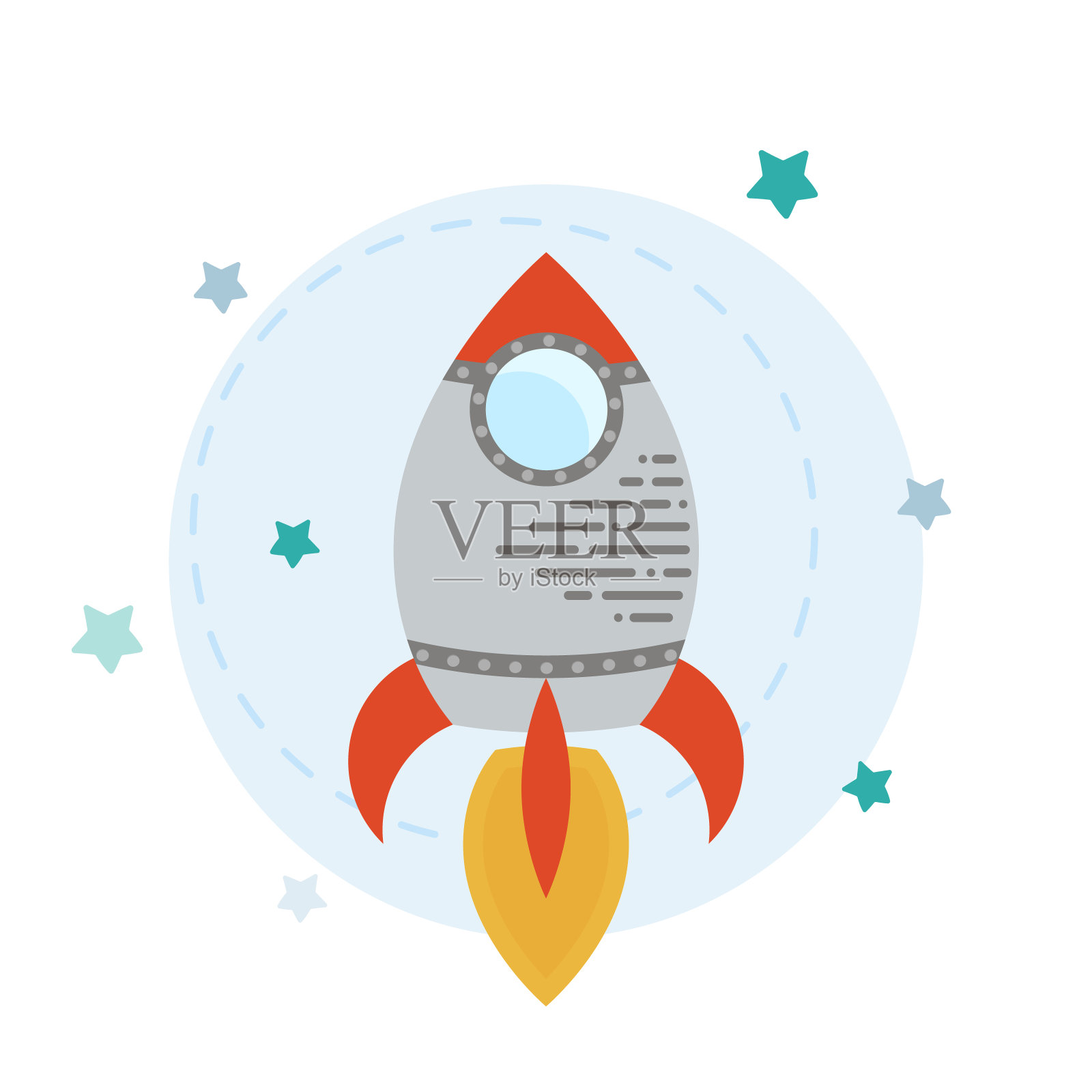 蓝色背景上有太空和星星的火箭飞船插画图片素材