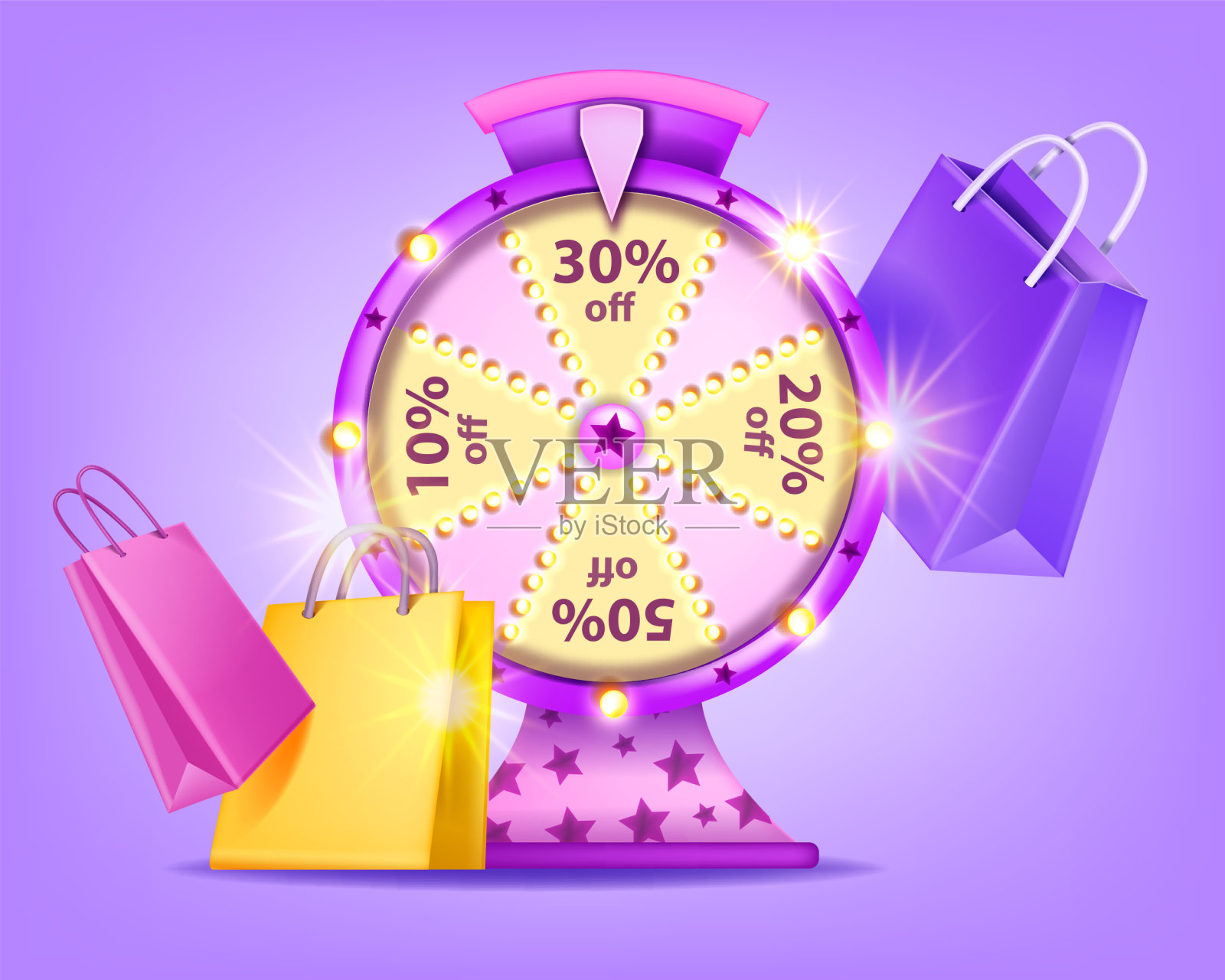 出售幸运轮游戏，矢量购物轮盘赌概念，纸袋，特别提供轮赌博横幅。插画图片素材