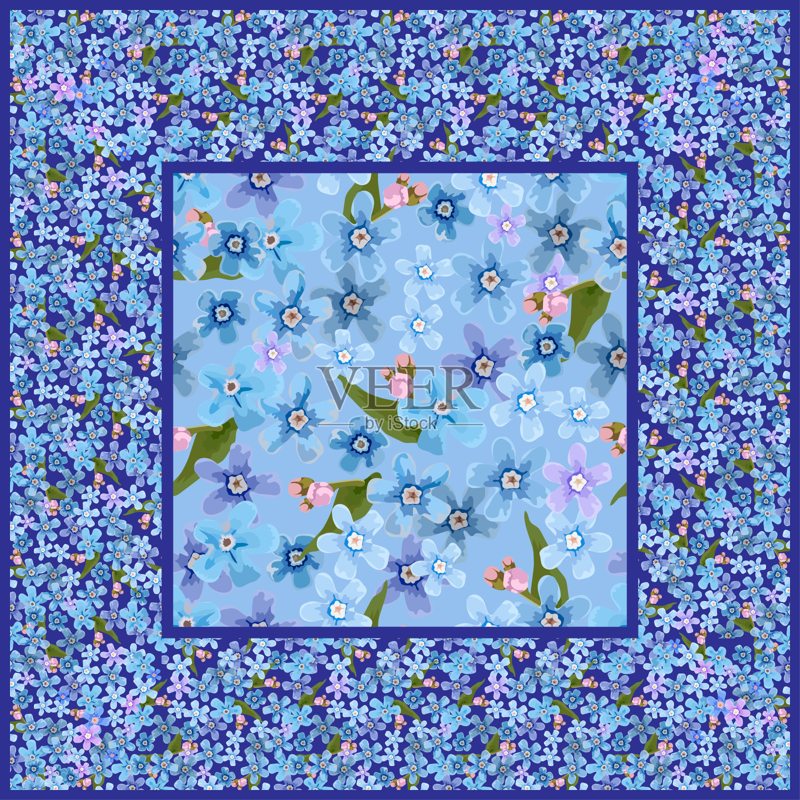 矢量图案中有方形的蓝色小花勿忘我，用于设计披肩、围巾、希贾布插画图片素材