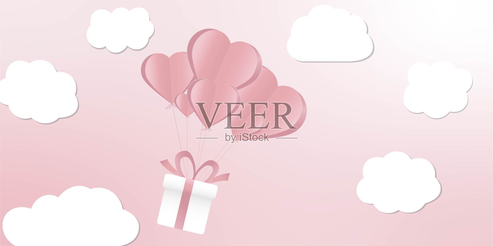 带着心形气球的礼盒在空中飞舞。瓦伦汀的一天。心的形式。壁纸、婚礼请柬、贺卡、情人节贺卡的设计元素。矢量插图。每股收益10插画图片素材