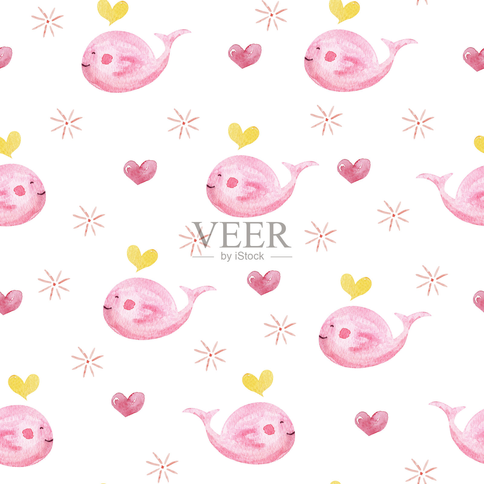 粉红鲸鱼和心水彩无缝图案设计元素图片
