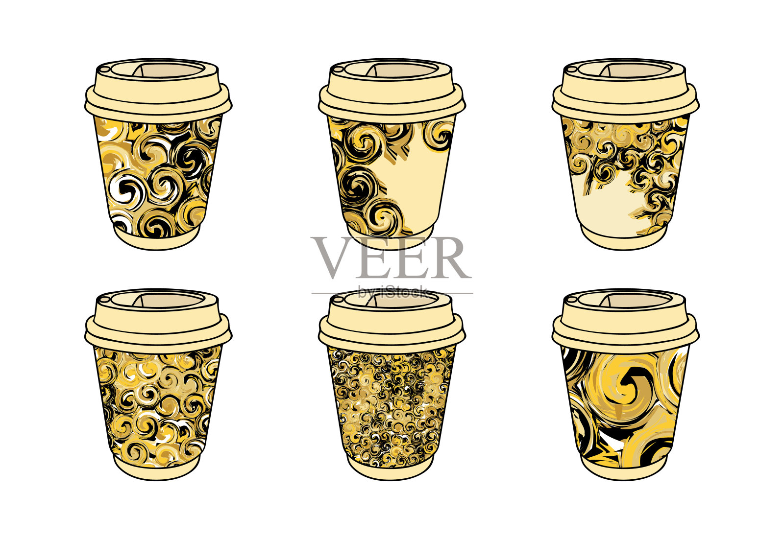 纸咖啡杯套装饰抽象旋转图案在金色，米色和黑色。拿走咖啡杯。咖啡去图形模板。让你的咖啡屋的设计引起人们的注意插画图片素材