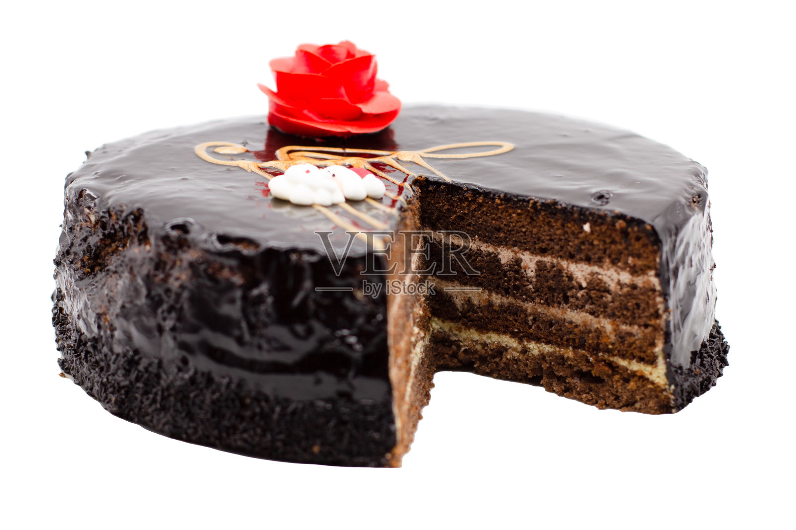 巧克力蛋糕，红玫瑰和音乐照片摄影图片
