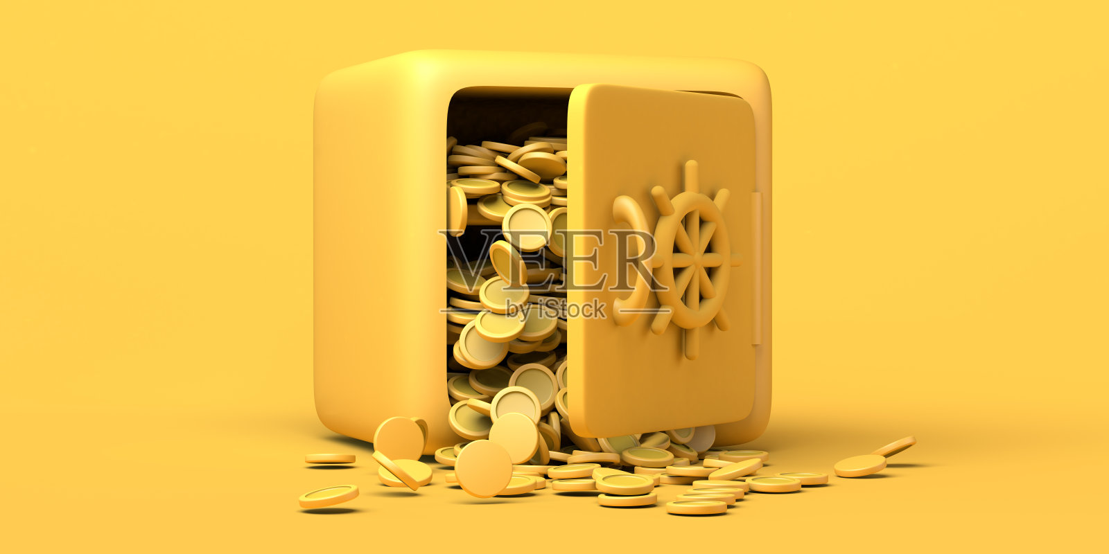 保险箱打开，硬币掉出来。副本的空间。3 d演示。照片摄影图片