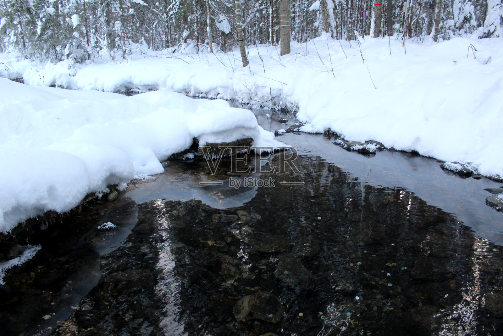 冬天，解冻的河岸上积了很多雪照片摄影图片