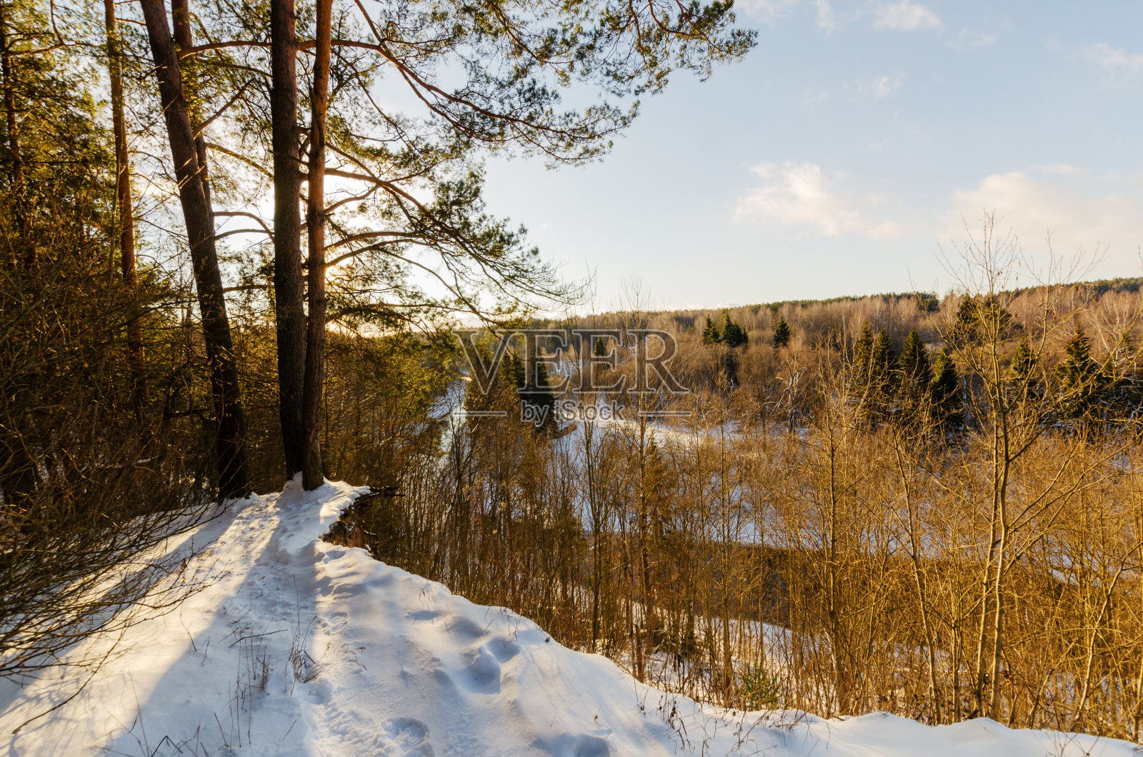 河流延伸在冬天的森林里。照片摄影图片
