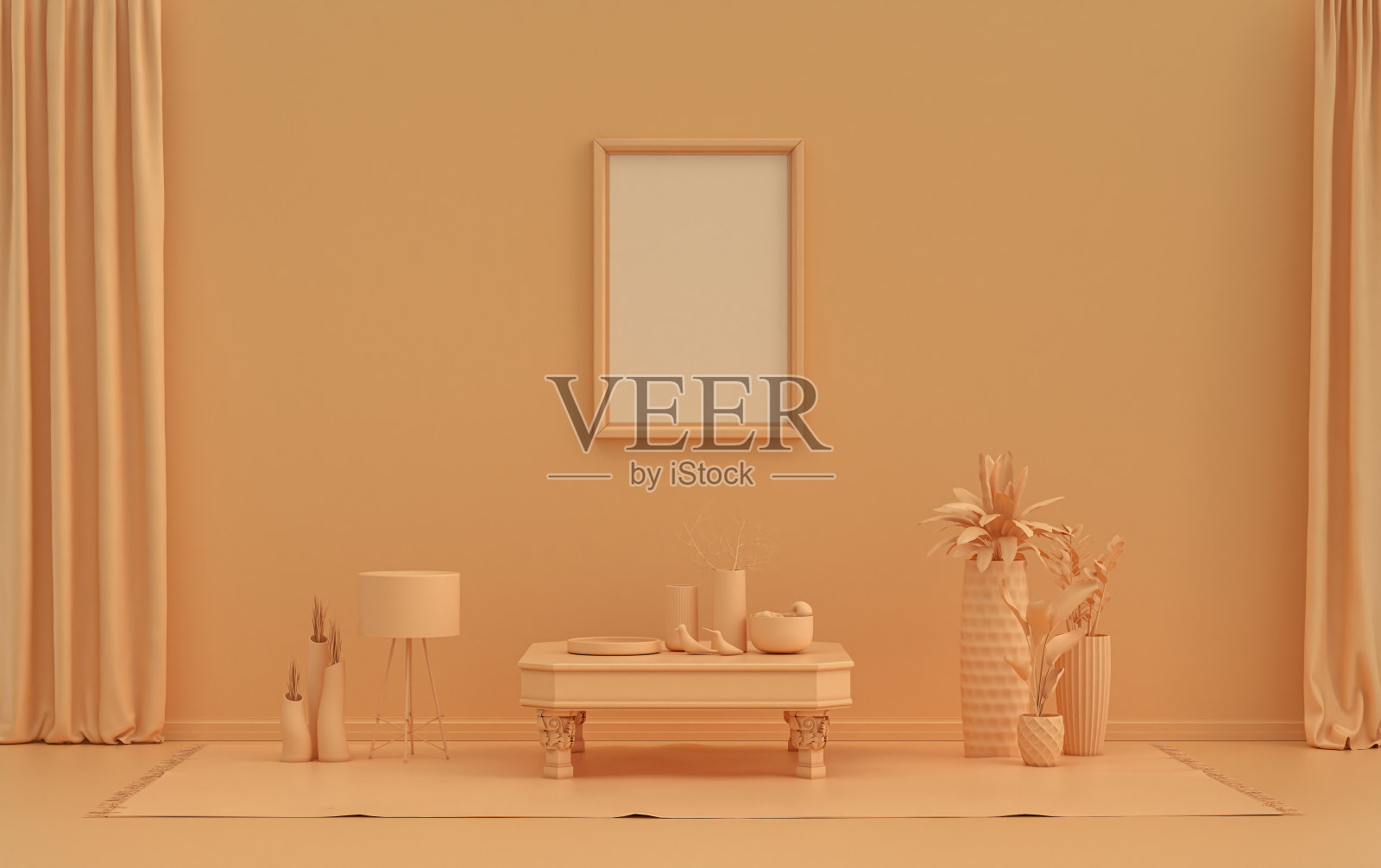 单帧画廊墙在橙粉色单色的平面房间与家具和植物，3d渲染照片摄影图片