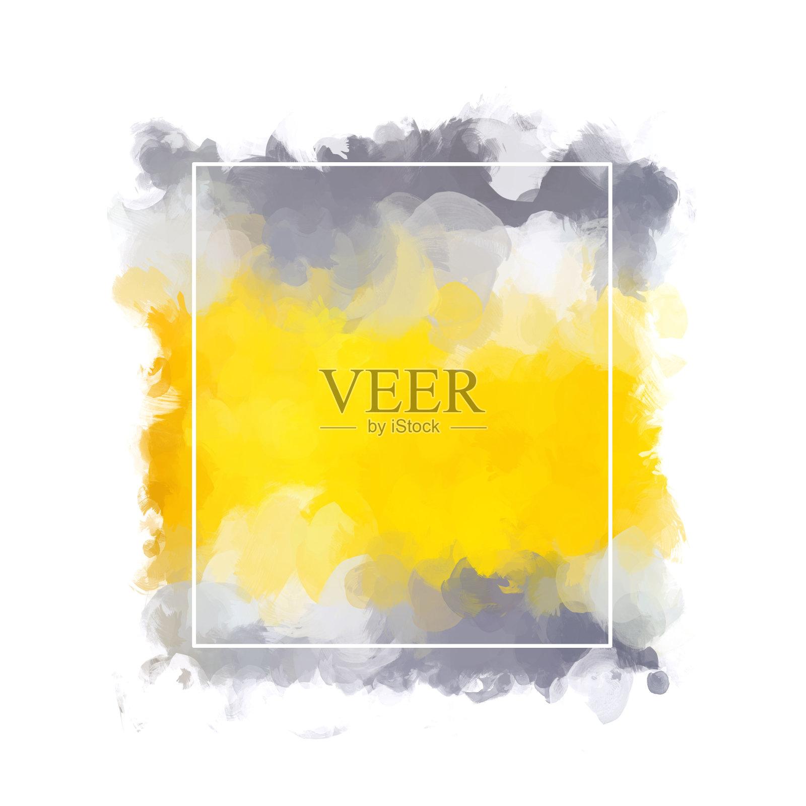 正方形水彩染色与不均匀撕裂边缘的形式与一个白色框架的黄色和灰色的文本横幅。照片摄影图片