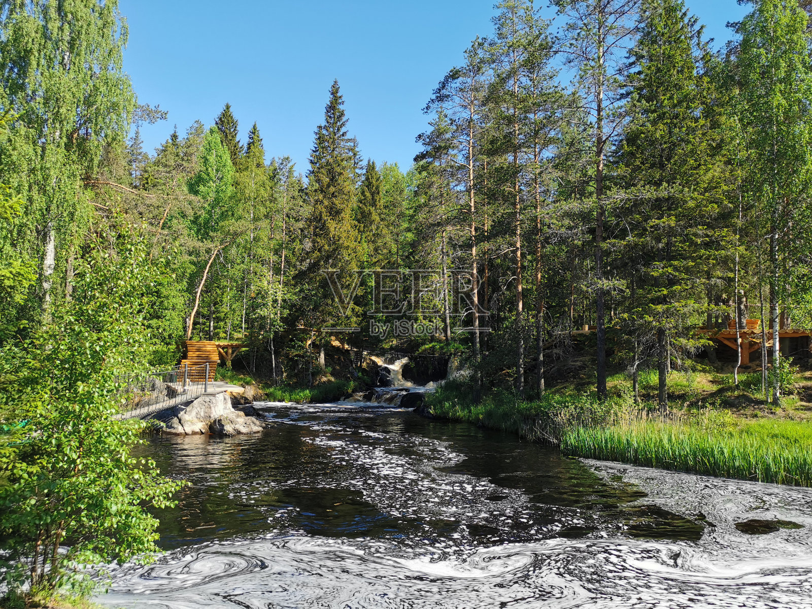卡累利阿Tokhmayoki河上风景如画的瀑布，在一个晴朗的夏日早晨被树木环绕。照片摄影图片
