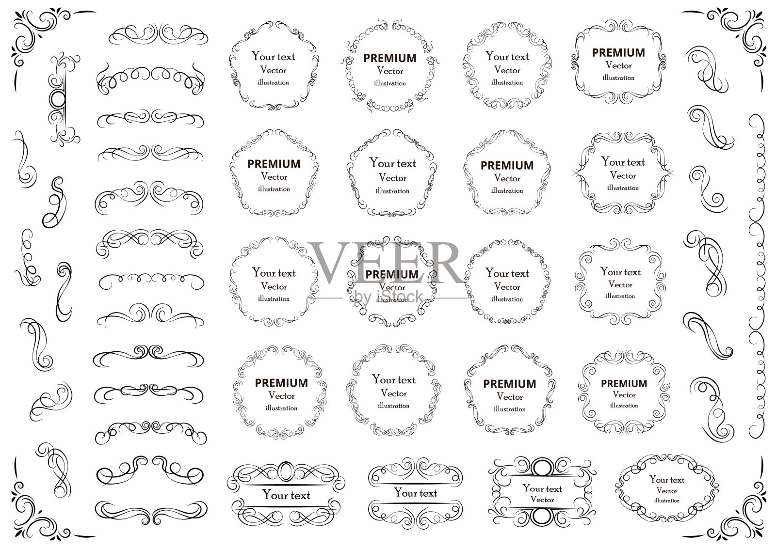 书法设计元素。装饰旋涡或卷轴，复古框架，花饰，标签和分隔。复古的矢量图插画图片素材